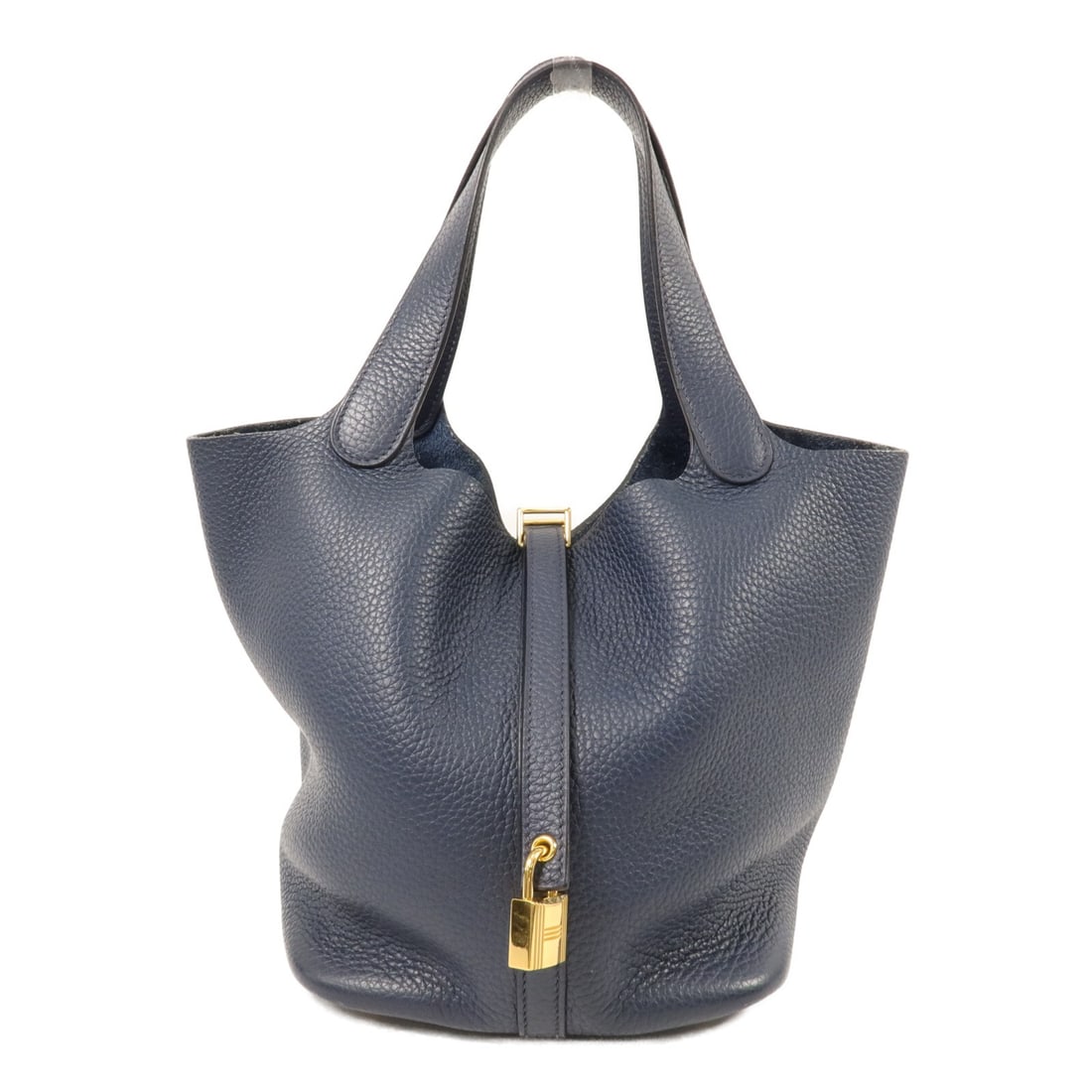 Hermes Picotin MM Clemence Leather Tote Bleu De Prusse PHW: Hermes Picotin MM Clemence Leather Tote Bleu De Prusse PHW Hermes Picotin MM tote bag in Taurillon Clemence and calfskin, presented in Bleu De Prusse with navy tones. It comes with storage bag, key, a