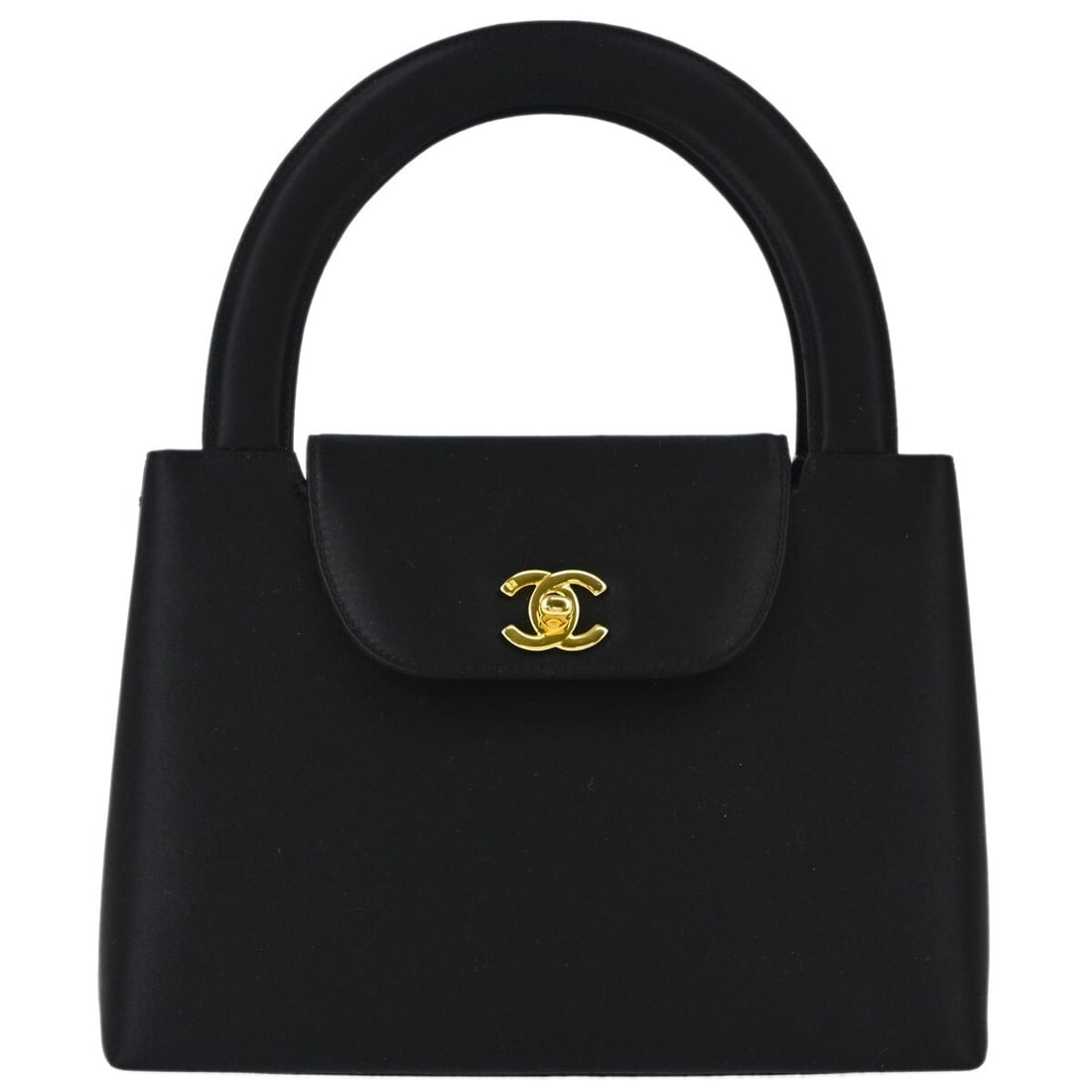 Italy Made CHANEL Small Black Satin Turnlock Handbag: Italy Made CHANEL Small Black Satin Turnlock Handbag Small Chanel handbag in black satin with double handles and a turnlock closure. The bag features an outside pocket, inner pockets, and a satin lini