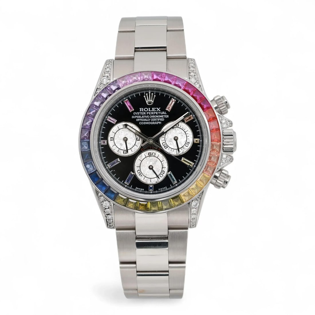 Rolex Daytona 116520 Custom Rainbow Bezel Black Dial Luxury Watch: Rolex Daytona 116520 Custom Rainbow Bezel Black Dial Luxury Watch Introducing the Rolex Cosmograph Daytona 40mm, a luxury wristwatch that combines exceptional craftsmanship with vibrant style. Featuri