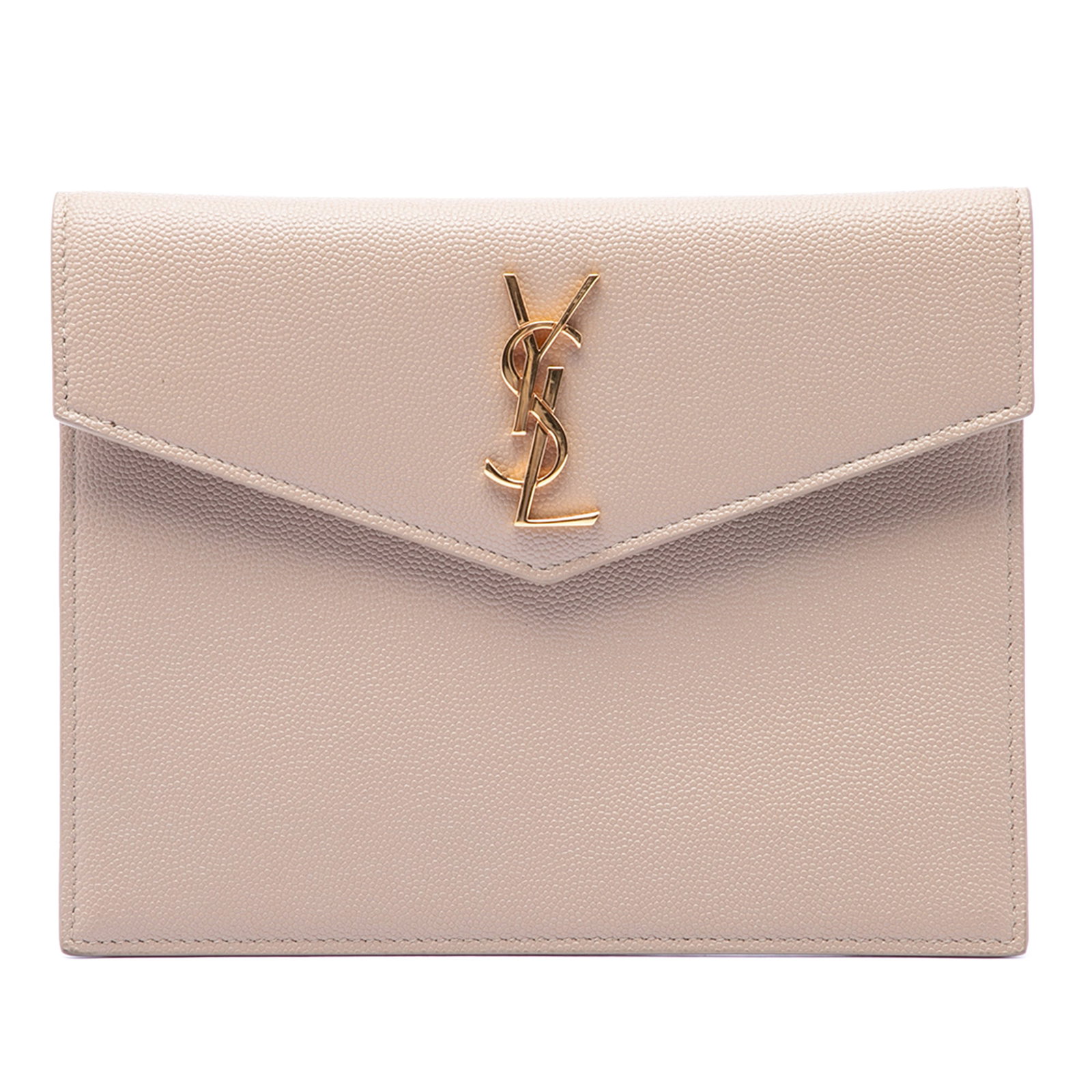 Saint Laurent Baby Grain De Poudre Leather Uptown Pouch Beige: Saint Laurent Baby Grain De Poudre Leather Uptown Pouch Beige Saint Laurent Baby Grain De Poudre Uptown Pouch in beige leather, made in Italy. This pouch features a leather body and a top flap with ma