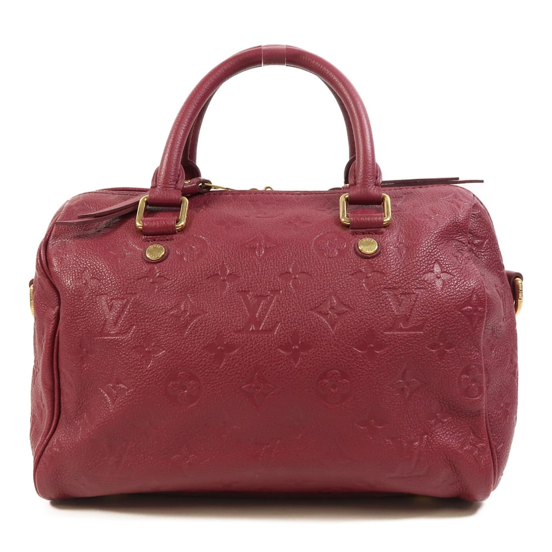 Louis Vuitton Speedy Bandouliere 25 red monogram empreinte handbag: Louis Vuitton Speedy Bandouliere 25 red monogram empreinte handbag A Louis Vuitton Speedy Bandouliere 25 handbag in Monogram Empreinte Red, made from embossed leather. It features a fastener closure, 