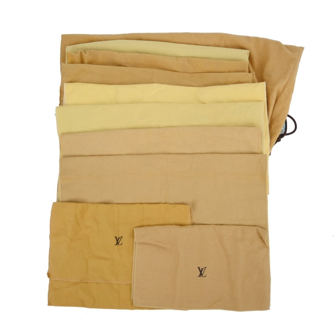 Set of 10 Louis Vuitton Cotton Dustbags Brown Beige: Set of 10 Louis Vuitton Cotton Dustbags Brown Beige Set of 10 Louis Vuitton dust bags in brown and beige 100% cotton. These unisex dustbags show overall signs of use with reasonable wear and tear. Ple