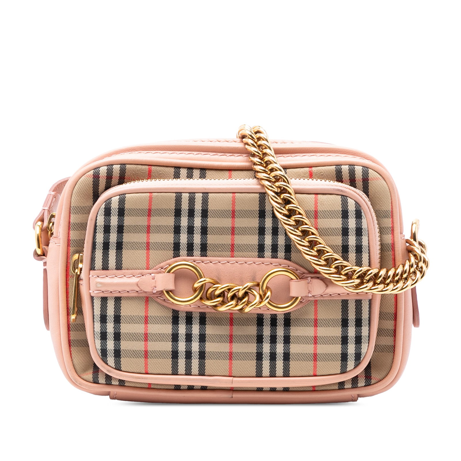 Burberry Knight Check Canvas Calfskin Crossbody Camera Bag: Burberry Knight Check Canvas Calfskin Crossbody Camera Bag This Burberry 1983 Knight Check Canvas and Calfskin Link Camera Bag features a canvas body with leather trim, a leather and chain shoulder st