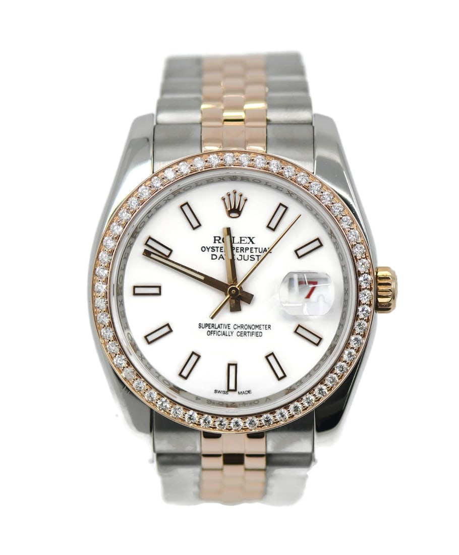Rolex Datejust 116231 36mm wristwatch with aftermarket diamond bezel: Rolex Datejust 116231 36mm wristwatch with aftermarket diamond bezel Pre-owned Rolex Datejust wristwatch with an analog display and a white dial. This customized watch features an aftermarket diamond 