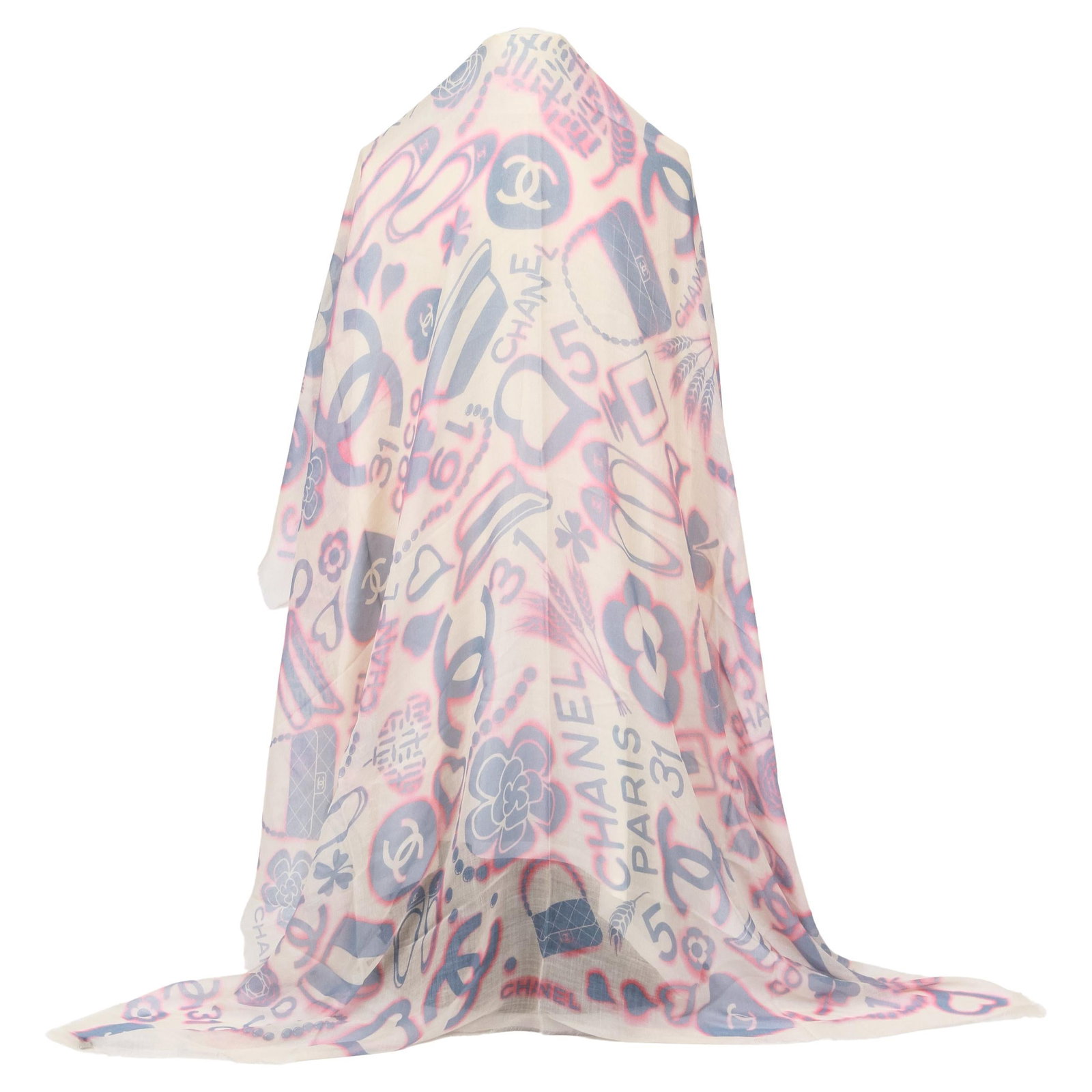 Chanel Cashmere Silk Shawl with Icon Motif in White and Celeste: Chanel Cashmere Silk Shawl with Icon Motif in White and Celeste This Chanel shawl features a blend of 65% cashmere and 35% silk in a white, celeste, and pink color palette with an iconic symbols desig