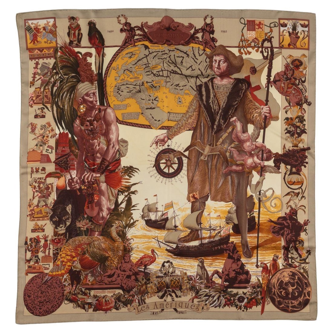 Hermes Columbus silk scarf in taupe with box (1 of 7)