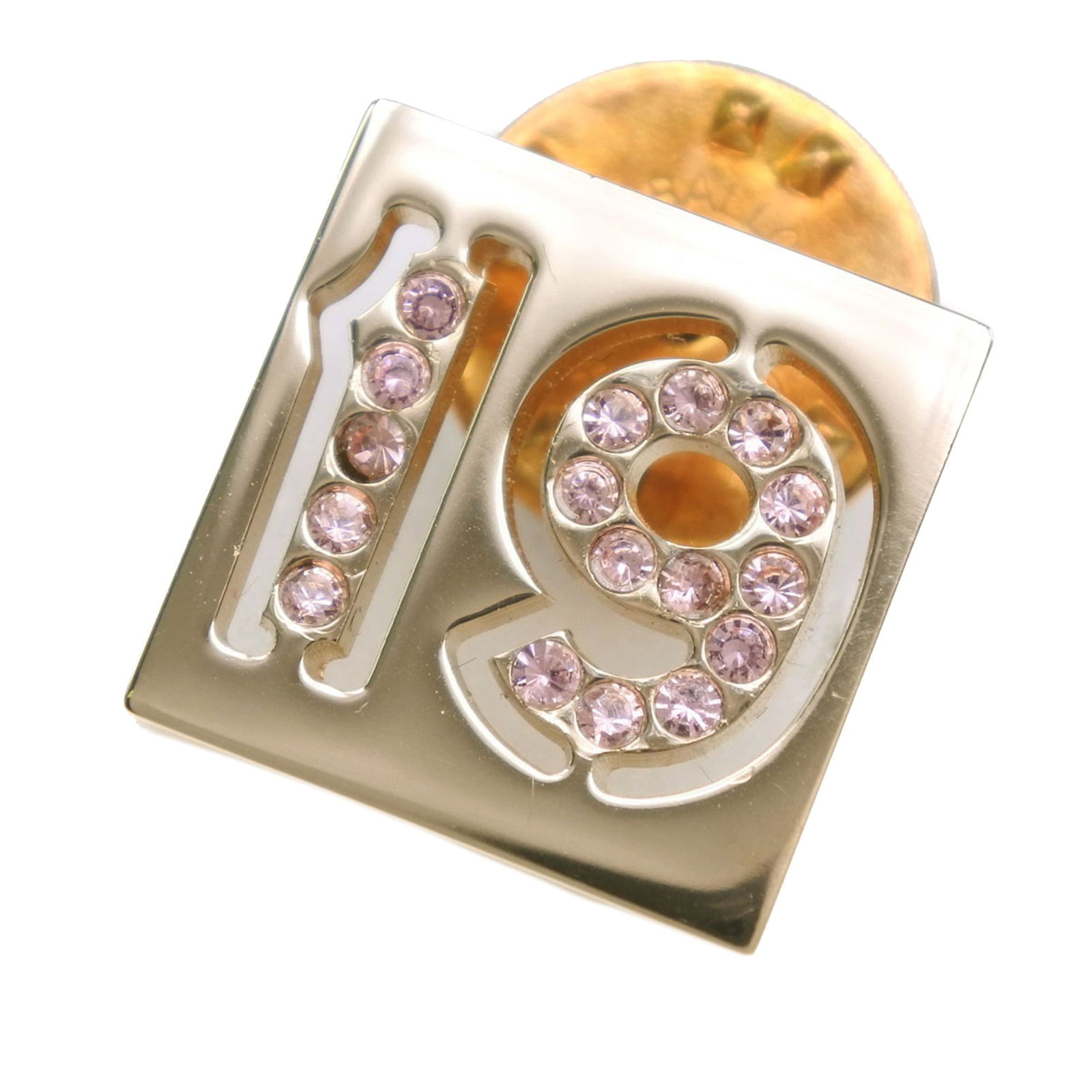 Chanel No 19 Brooch Gold Plated Metal with Rhinestones: Chanel No 19 Brooch Gold Plated Metal with Rhinestones This Chanel pin brooch features a gold plated metal body accented with rhinestone embellishments and is equipped with a push back closure. The br