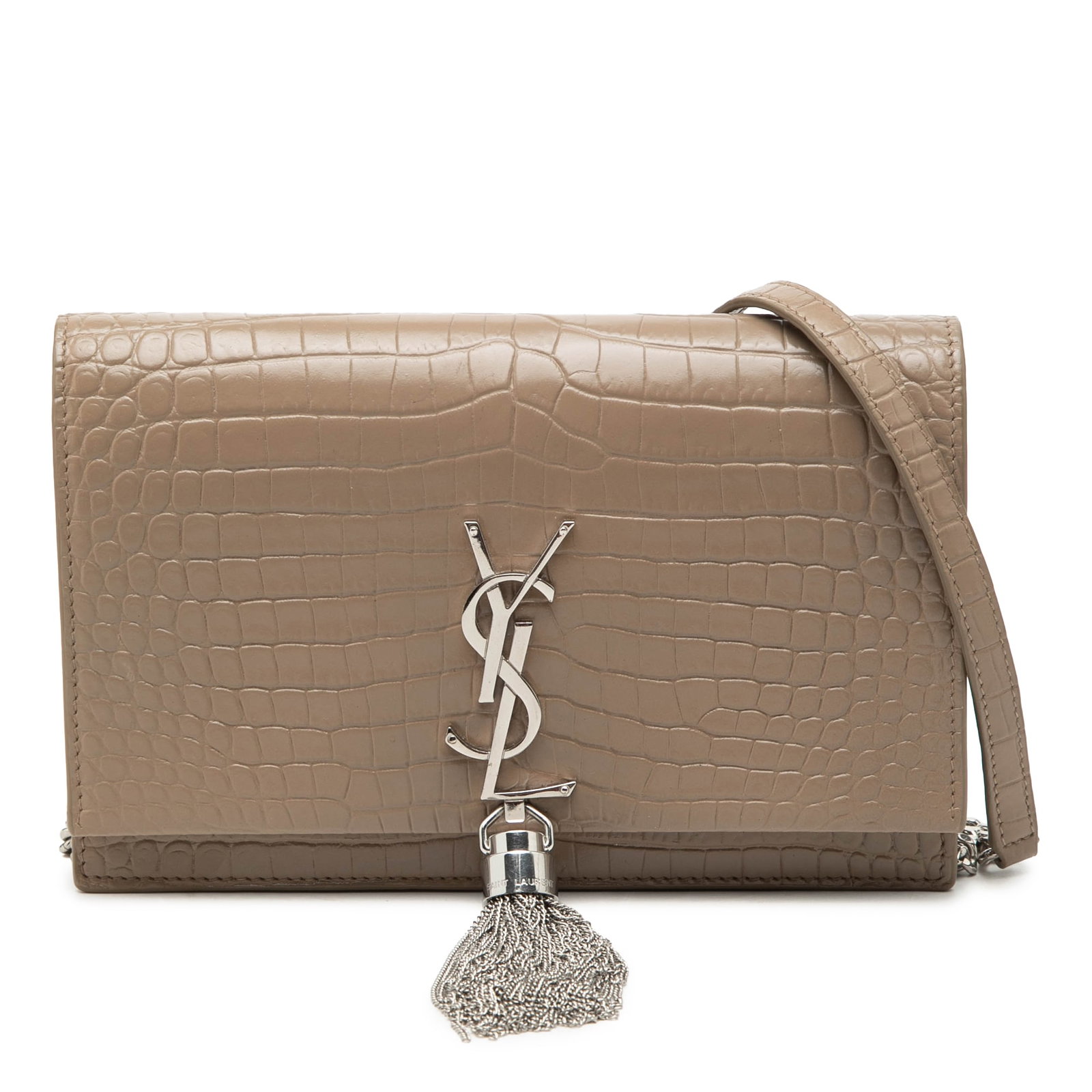 Saint Laurent Kate Tassel Croc Embossed Leather Wallet on Chain: Saint Laurent Kate Tassel Croc Embossed Leather Wallet on Chain This Saint Laurent Small Croc Embossed Leather Monogram Kate Tassel Wallet on Chain features an embossed leather body, a chain link stra