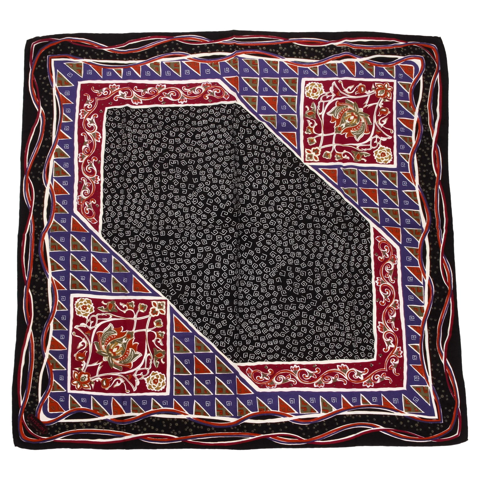 Missoni Vintage Multi Pattern Silk Twill Scarf Made in Italy: Missoni Vintage Multi Pattern Silk Twill Scarf Made in Italy Elevate your accessory collection with this stunning Missoni multi-pattern silk twill scarf. Crafted in Italy, this vintage piece features 