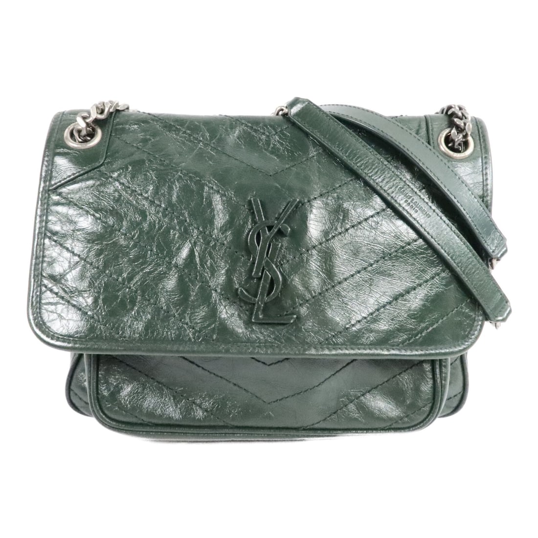 Saint Laurent Niki Medium Shoulder Bag 633158 Green Calfskin: Saint Laurent Niki Medium Shoulder Bag 633158 Green Calfskin This Saint Laurent Niki Medium Chain Shoulder Bag is crafted from calfskin cowhide in a green x green colorway and features silver hardware