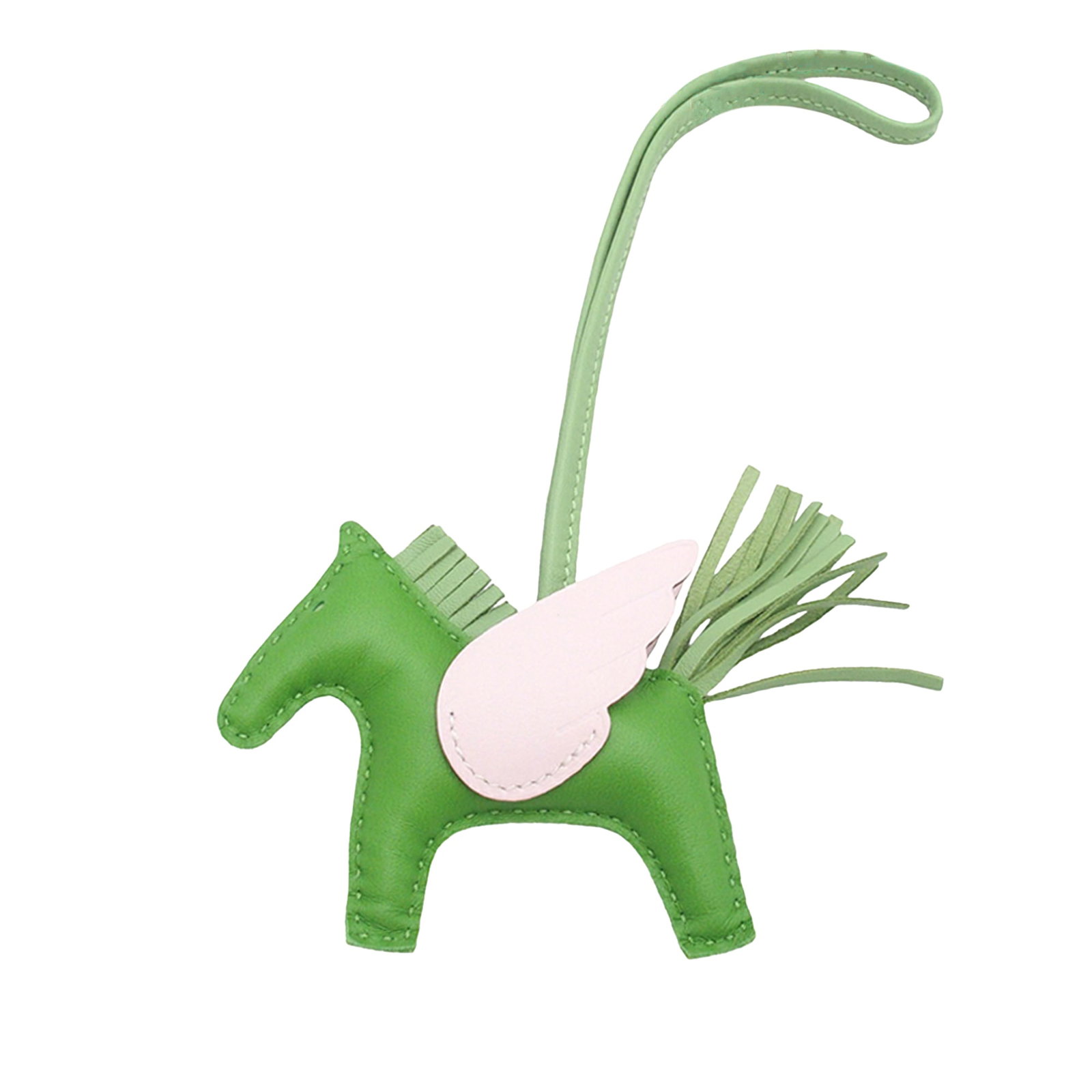 Hermes Rodeo Pegase PM leather bag charm: Hermes Rodeo Pegase PM leather bag charm This Hermes Milo Lambskin and Swift Grigri Rodeo Pegase PM bag charm features a luxurious combination of Milo lambskin and Swift leather in Vert Yucca, Vert Cr