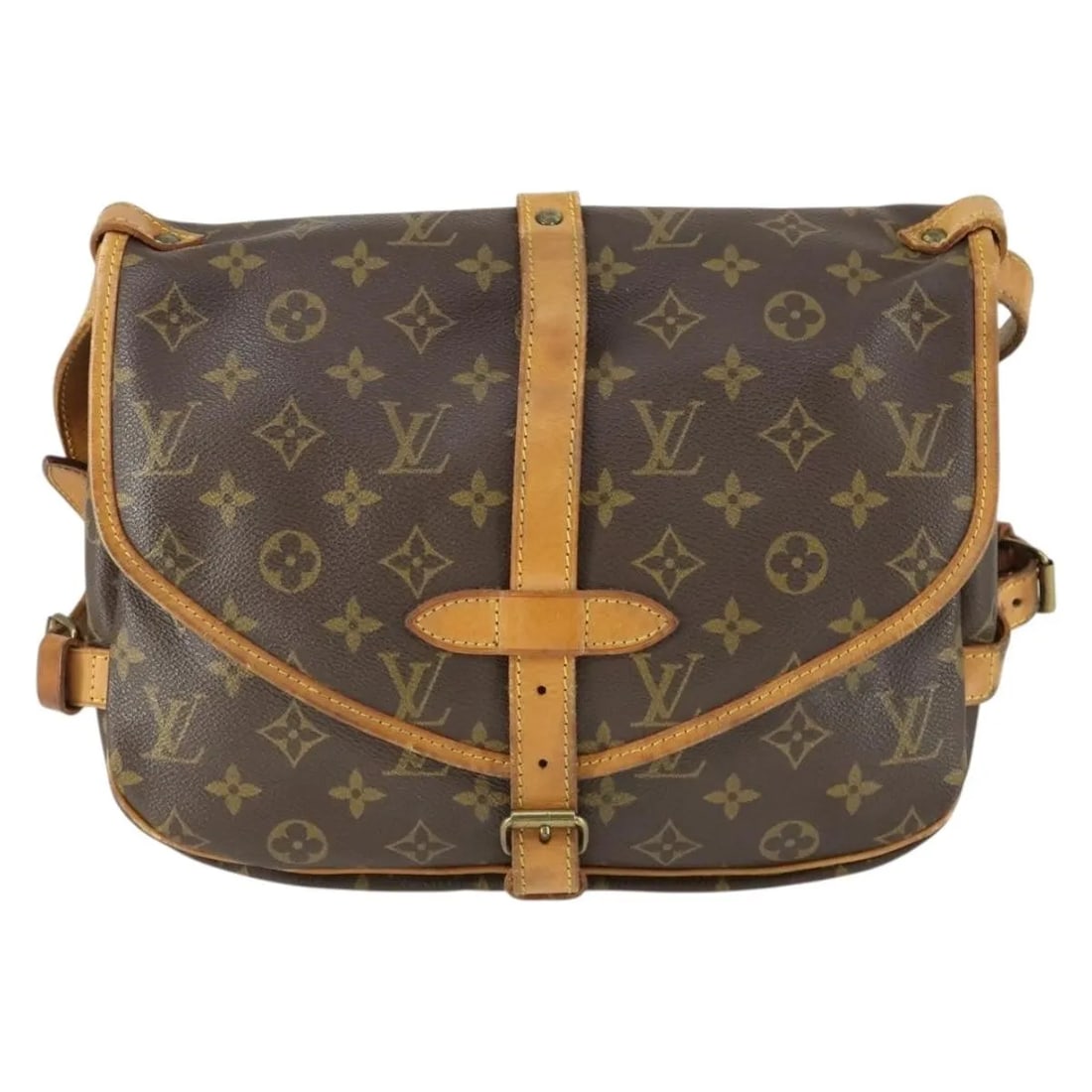 Brown Canvas Handbag Louis Vuitton Saumur Monogram: Brown Canvas Handbag Louis Vuitton Saumur Monogram This Louis Vuitton Saumur handbag features the iconic monogram canvas in brown, designed for female use. The bag shows signs of previous use, includi