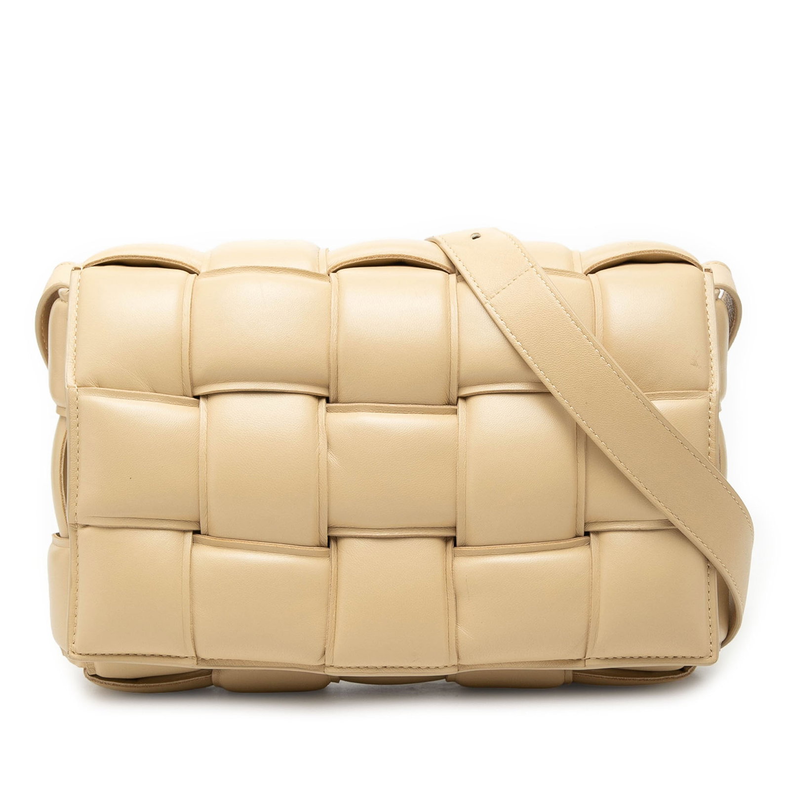Bottega Veneta Padded Cassette Leather Crossbody Bag: Bottega Veneta Padded Cassette Leather Crossbody Bag This Bottega Veneta Nappa Intrecciato Padded Cassette Crossbody features a woven nappa leather exterior in brown, an adjustable flat leather should
