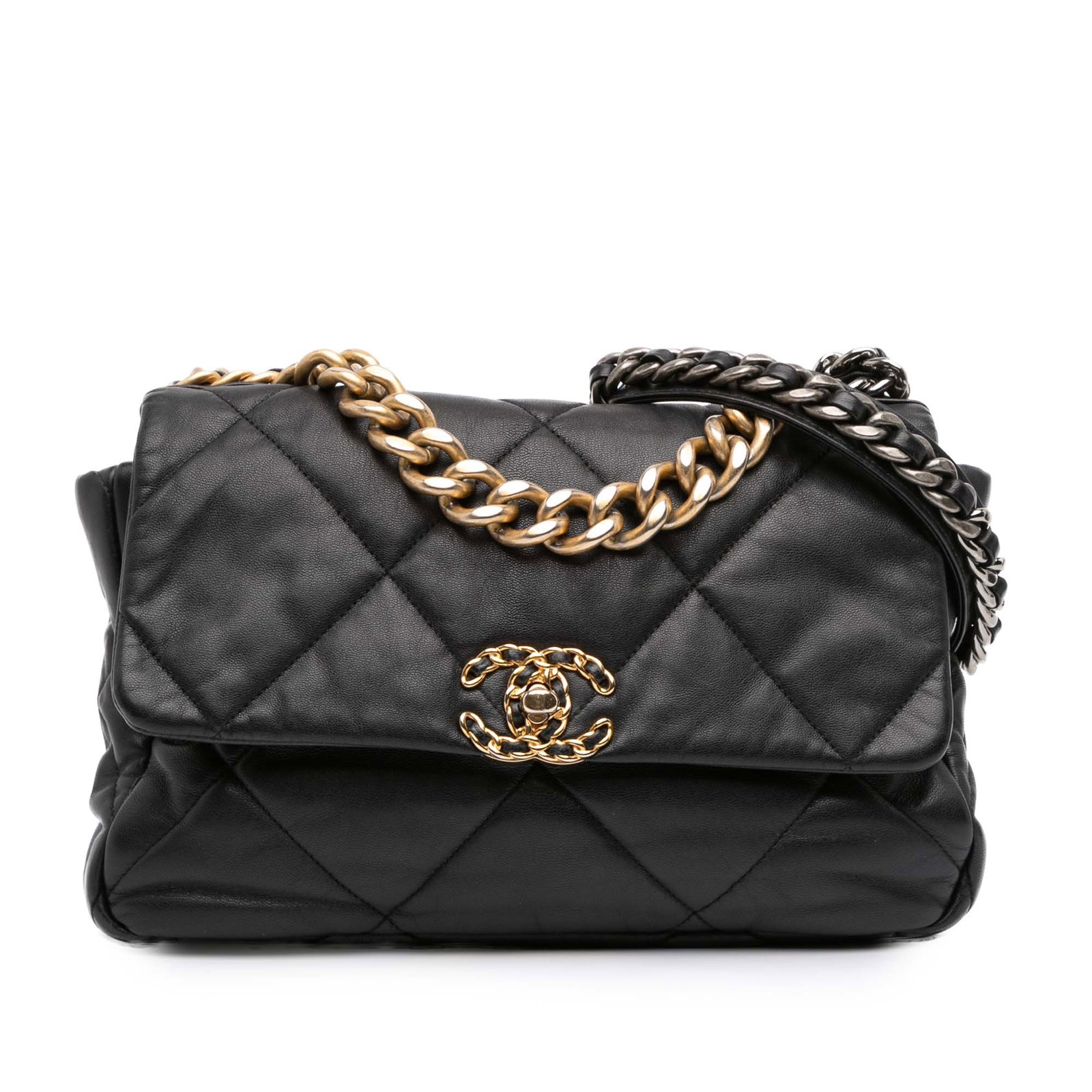 Chanel Large 19 Flap Bag Black Lambskin with CC Twist Lock: Chanel Large 19 Flap Bag Black Lambskin with CC Twist Lock The Chanel Large Lambskin 19 Flap bag is an exquisite accessory crafted from luxurious quilted lambskin leather. This sophisticated bag featu