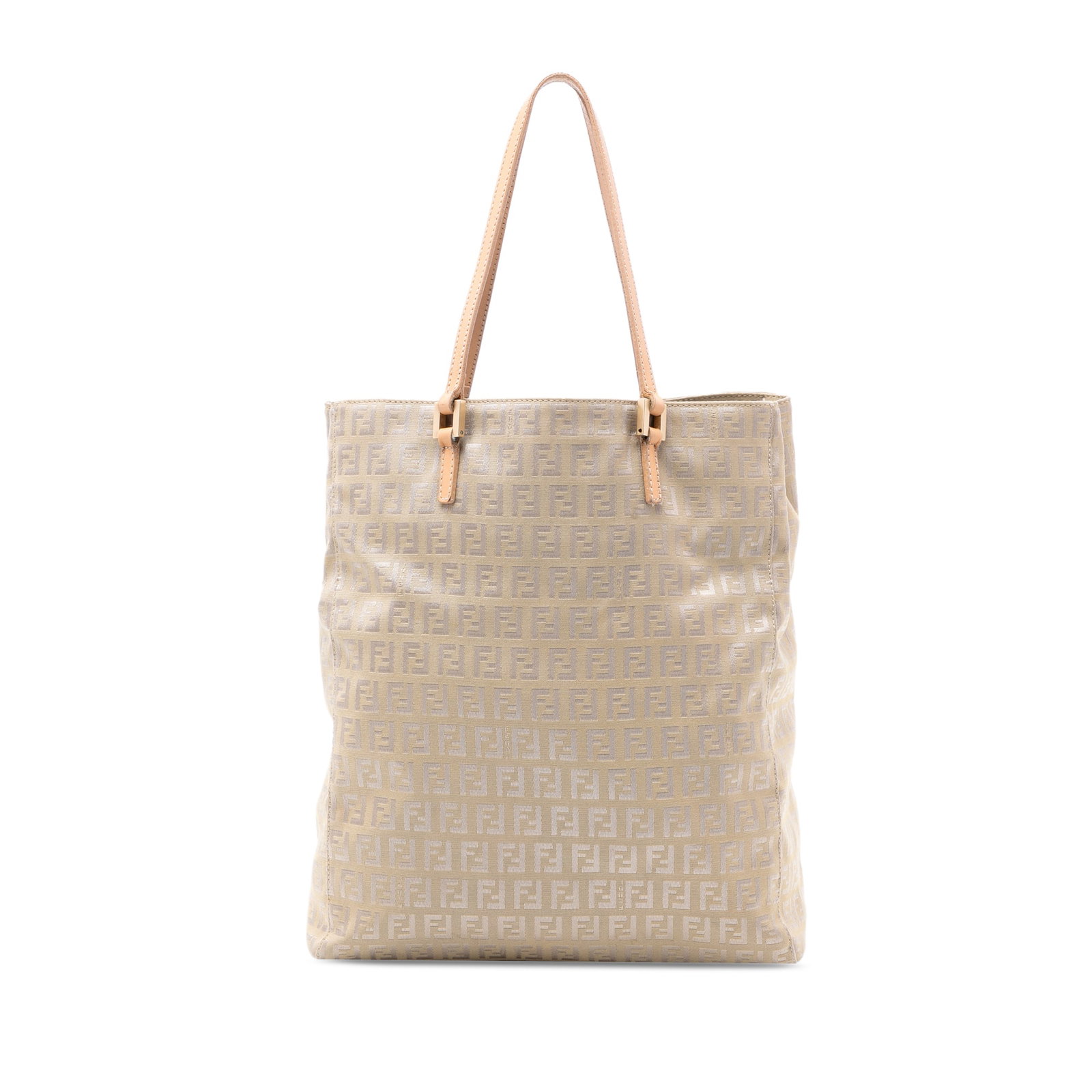 Fendi Zucchino Beige Canvas Tote Bag with Leather Handles: Fendi Zucchino Beige Canvas Tote Bag with Leather Handles This Fendi Zucchino Canvas Tote features a canvas body with flat leather straps, an open top, and an interior zip compartment. The bag is beig