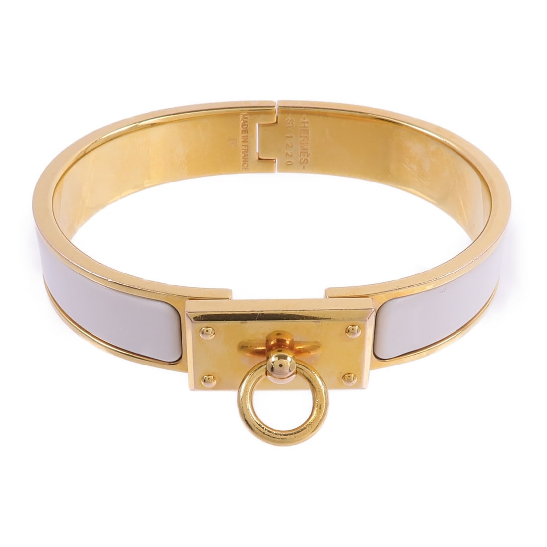 Hermes Clic Anneau Enamel Bracelet White Gold Tone Metal: Hermes Clic Anneau Enamel Bracelet White Gold Tone Metal Hermes Clic Anneau bracelet in enamel and metal with a gold and white color combination. The item is described as having reasonable wear and te