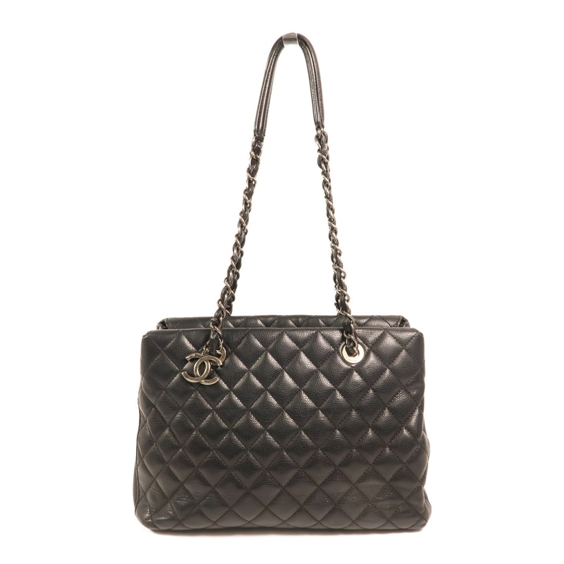 CHANEL CC Shoulder Bag Black Calfskin Leather with Silver Tone Chain: CHANEL CC Shoulder Bag Black Calfskin Leather with Silver Tone Chain This CHANEL shoulder bag features a classic black calfskin leather exterior and a signature CC design with silver-tone hardware. Cr