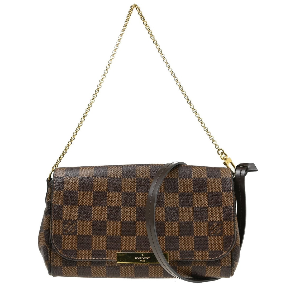 Louis Vuitton Favorite PM Damier Canvas Shoulder Bag Brown: Louis Vuitton Favorite PM Damier Canvas Shoulder Bag Brown Louis Vuitton Favorite PM shoulder bag in Damier/Monogram canvas, presented as a small women's shoulder bag from France. The bag is brown and