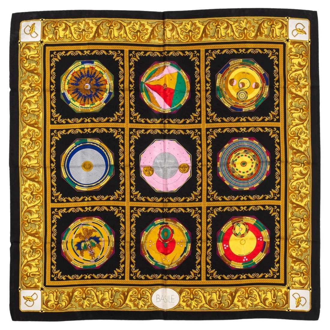 Basile Black Silk Scarf Vintage Pattern 34 in Square: Basile Black Silk Scarf Vintage Pattern 34 in Square Elevate your style with this exquisite Basile Black Silk Scarf, featuring a vintage pattern that adds a touch of elegance to any outfit. The scarf 