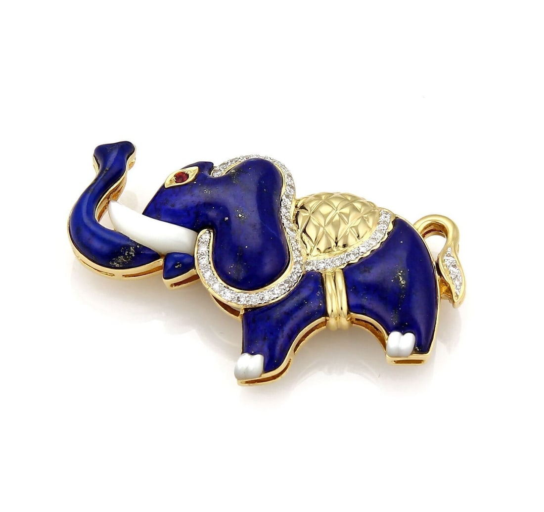 18k Yellow Gold Elephant Brooch Pendant with Lapis Ruby Pearl Diamonds (1 of 6)