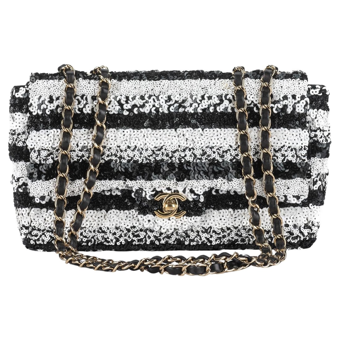 Chanel Sequin Classic Small Flap Bag Black White Italy: Chanel Sequin Classic Small Flap Bag Black White Italy This exquisite Chanel Sequin Classic Small Flap bag showcases a luxurious design with a captivating blend of black and white sequins that adorn i