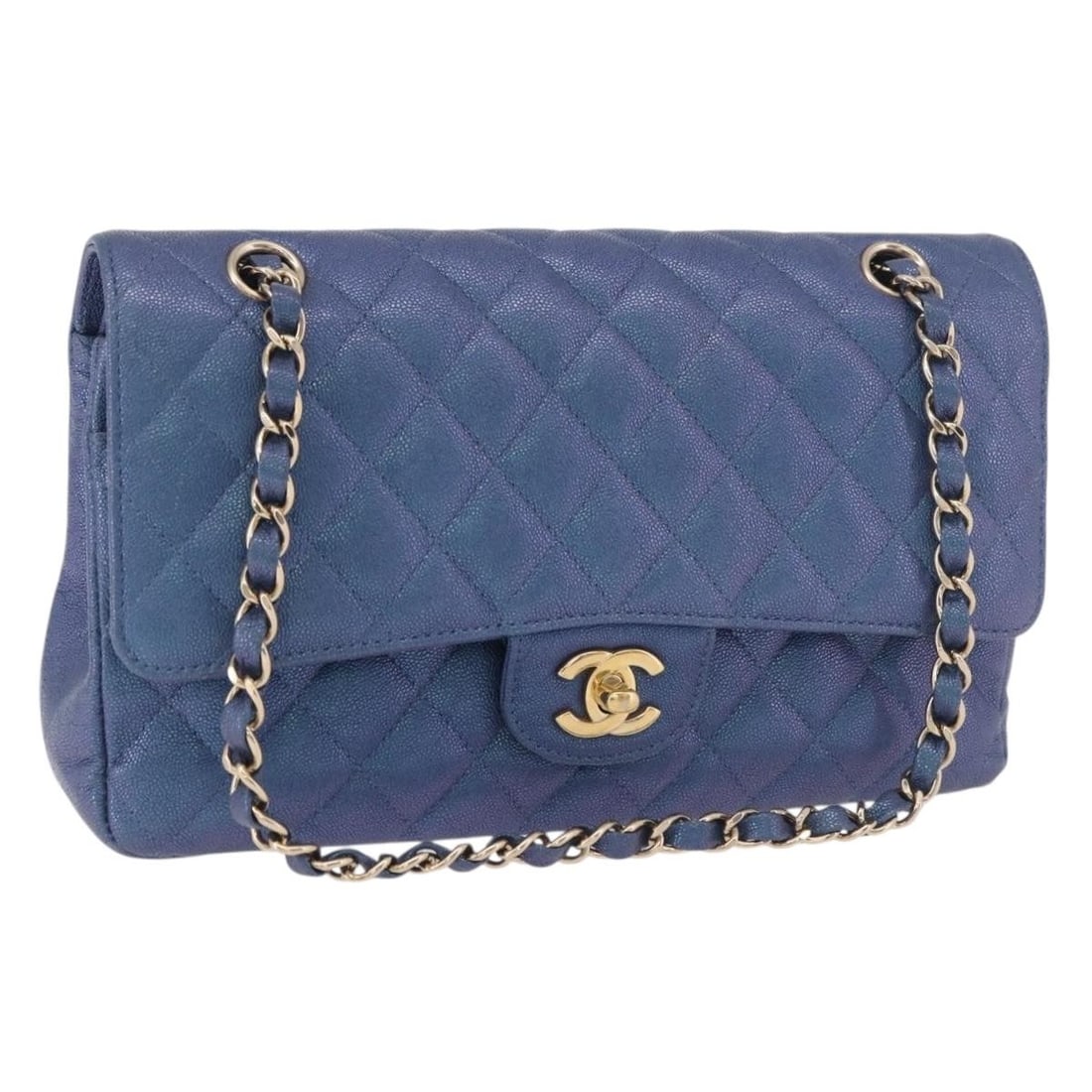 CHANEL Matelasse 25 Blue Caviar Skin Shoulder Bag with Guarantee Card: CHANEL Matelasse 25 Blue Caviar Skin Shoulder Bag with Guarantee Card This CHANEL shoulder bag is crafted from caviar skin in a blue and gold color combination. It features a compact Matelasse design 