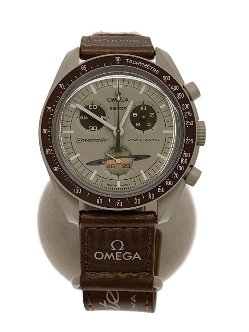 Swatch Omega Mission to Saturn Quartz Men's Wristwatch: Swatch Omega Mission to Saturn Quartz Men's Wristwatch This OMEGAxSWATCH Mission to Saturn men's wristwatch features a quartz movement and is crafted in Switzerland. The watch has a round case with a 