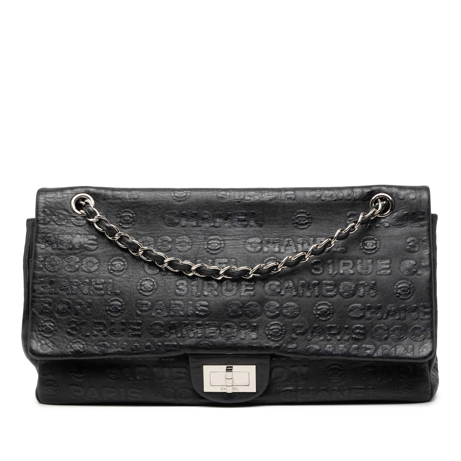 Chanel Reissue 2.55 Double Flap Maxi 31 Rue Cambon Calfskin Shoulder Bag: Chanel Reissue 2.55 Double Flap Maxi 31 Rue Cambon Calfskin Shoulder Bag Chanel Maxi Embossed Calfskin 31 Rue Cambon Reissue 2.55 Double Flap shoulder bag in black, made in France. It features an embo