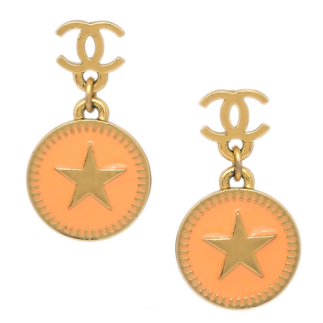 Chanel 01P Pink Gold Plated Star Dangle Earrings: Chanel 01P Pink Gold Plated Star Dangle Earrings Pair of Chanel dangle pierced earrings featuring a pink round charm with a star motif. Finished in gold plated metal, these earrings are marked 01P and