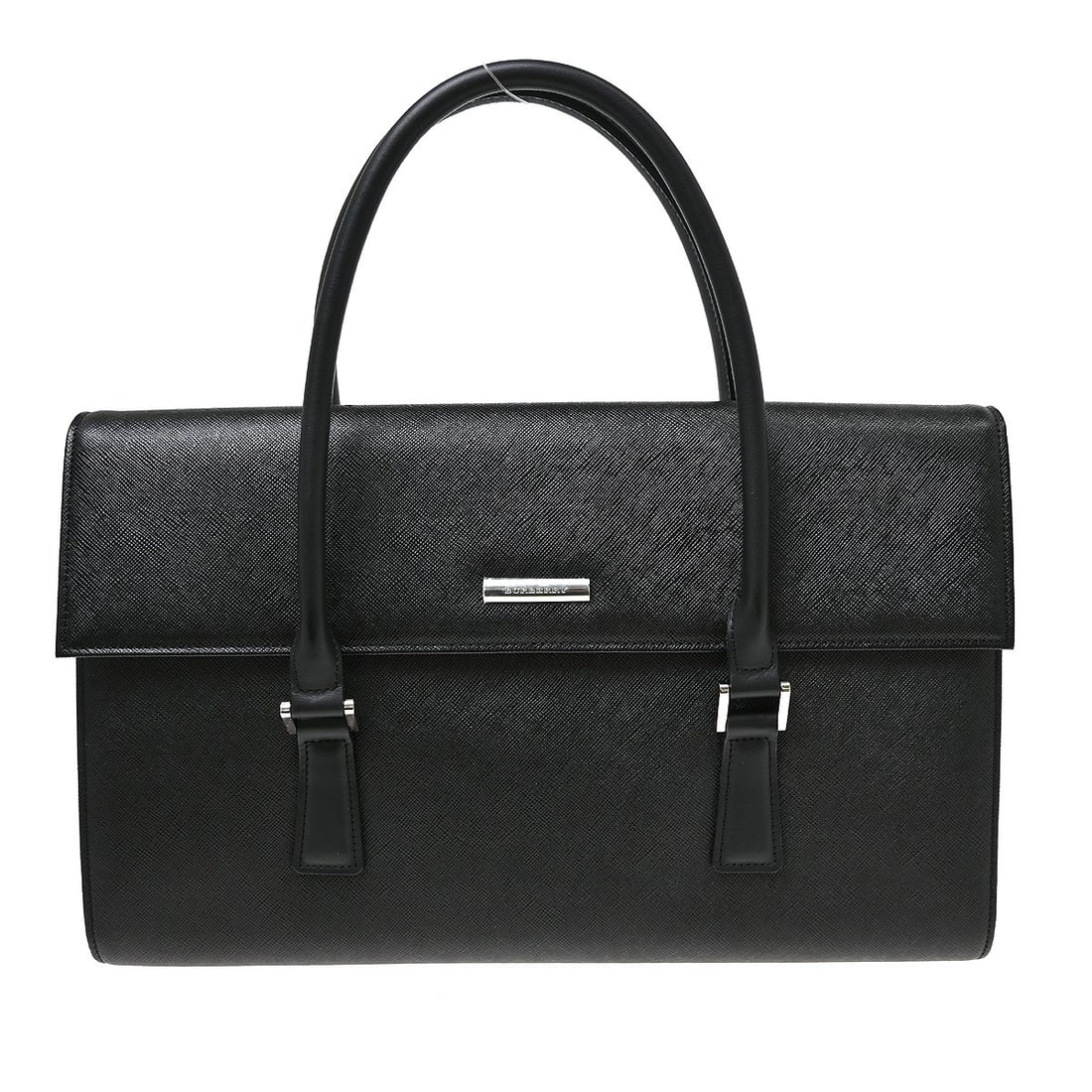 Burberry medium black leather top handle bag with inner pockets: Burberry medium black leather top handle bag with inner pockets Burberry black leather handbag in a top handle style, designed for casual wear. It features inner pockets, an exterior pocket, and a top