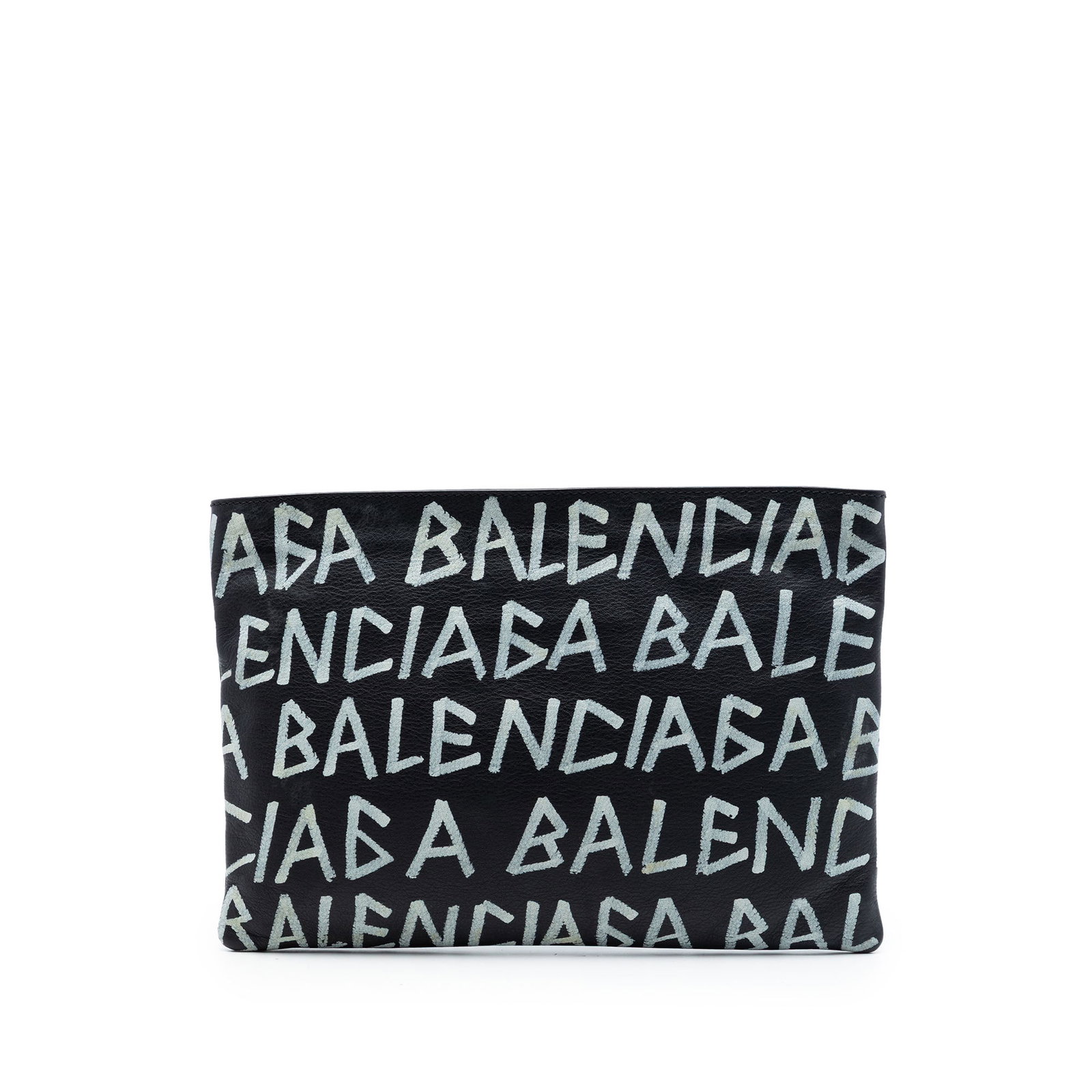 Balenciaga Graffiti Leather Zip Clutch Bag Black: Balenciaga Graffiti Leather Zip Clutch Bag Black Balenciaga Leather Graffiti Clutch in black, made in Italy. This bag features a printed leather body and a top zip closure. Condition is B+ with noted 