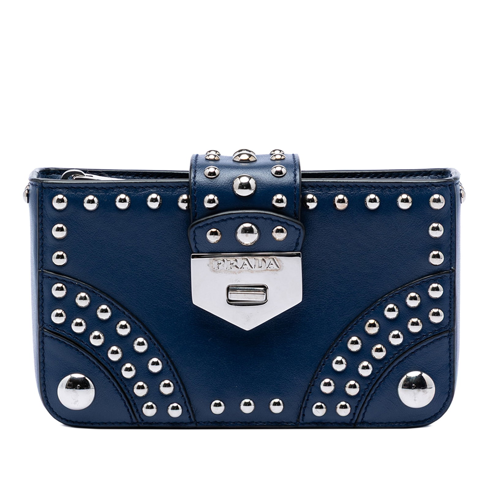 Prada Elektra Studded Blue Calfskin Clutch with Turn Lock: Prada Elektra Studded Blue Calfskin Clutch with Turn Lock Prada Elektra clutch crafted in calf leather with stud detailing. This blue clutch features an open top with a strap and turn lock closure, al
