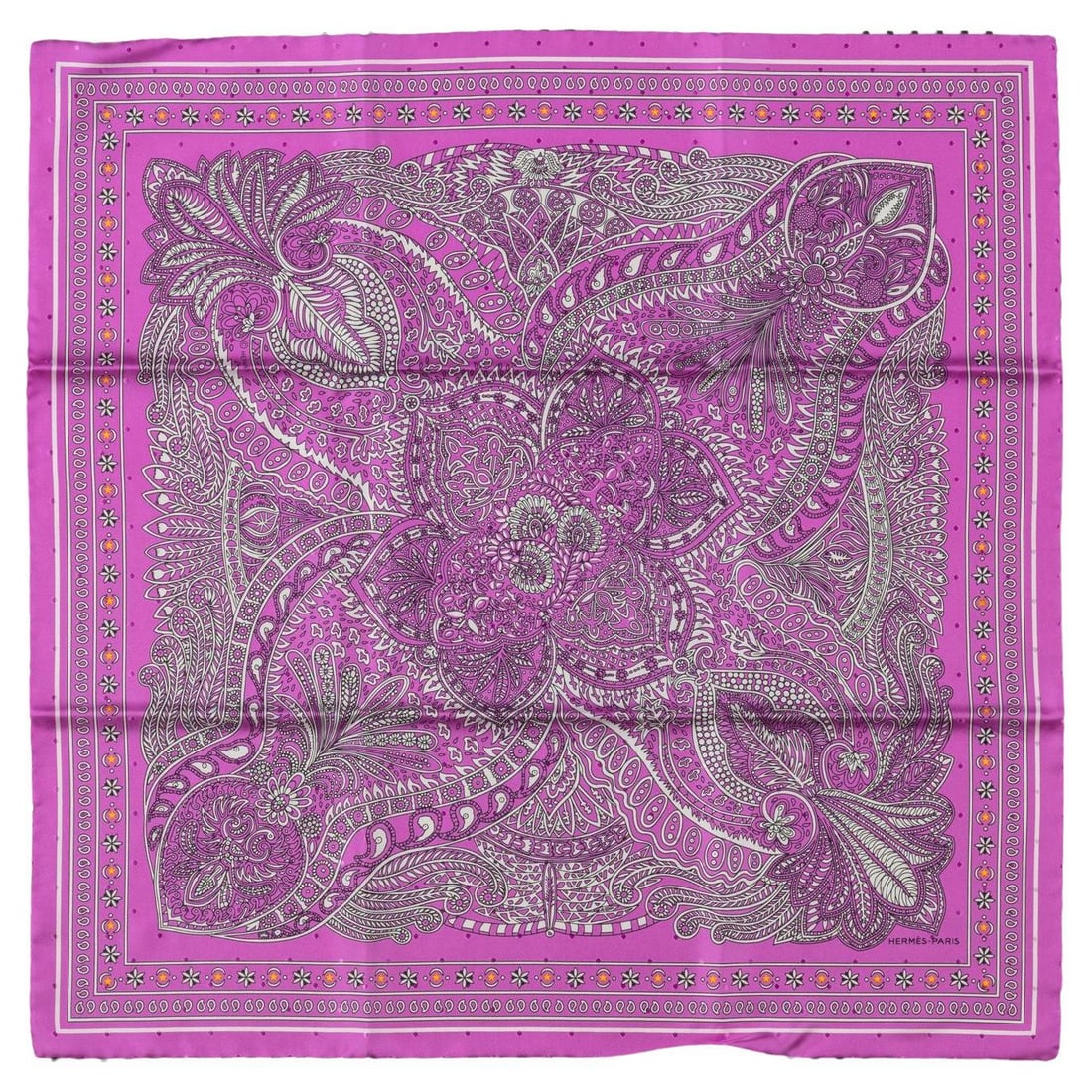Hermes Cyclamen Pink Silk Bandana Scarf with Box: Hermes Cyclamen Pink Silk Bandana Scarf with Box Introducing a stunning Hermes small bandana silk scarf in a vibrant cyclamen pink. This luxurious accessory features hand-rolled edges, showcasing the 