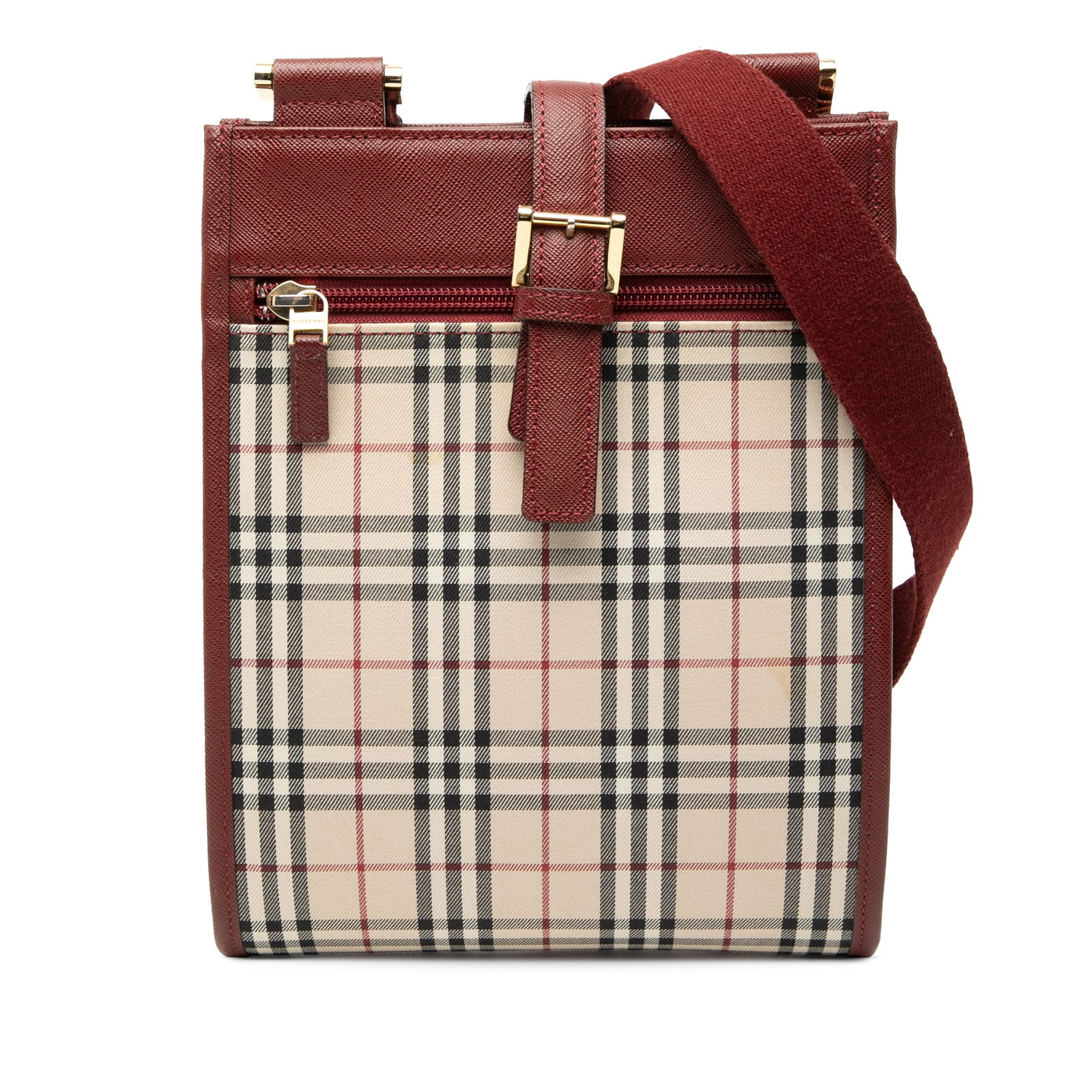 Burberry beige canvas House Check crossbody bag: Burberry beige canvas House Check crossbody bag This Burberry House Check Canvas Crossbody bag features a canvas body accented with leather trim. It is designed with an adjustable flat strap, an open 
