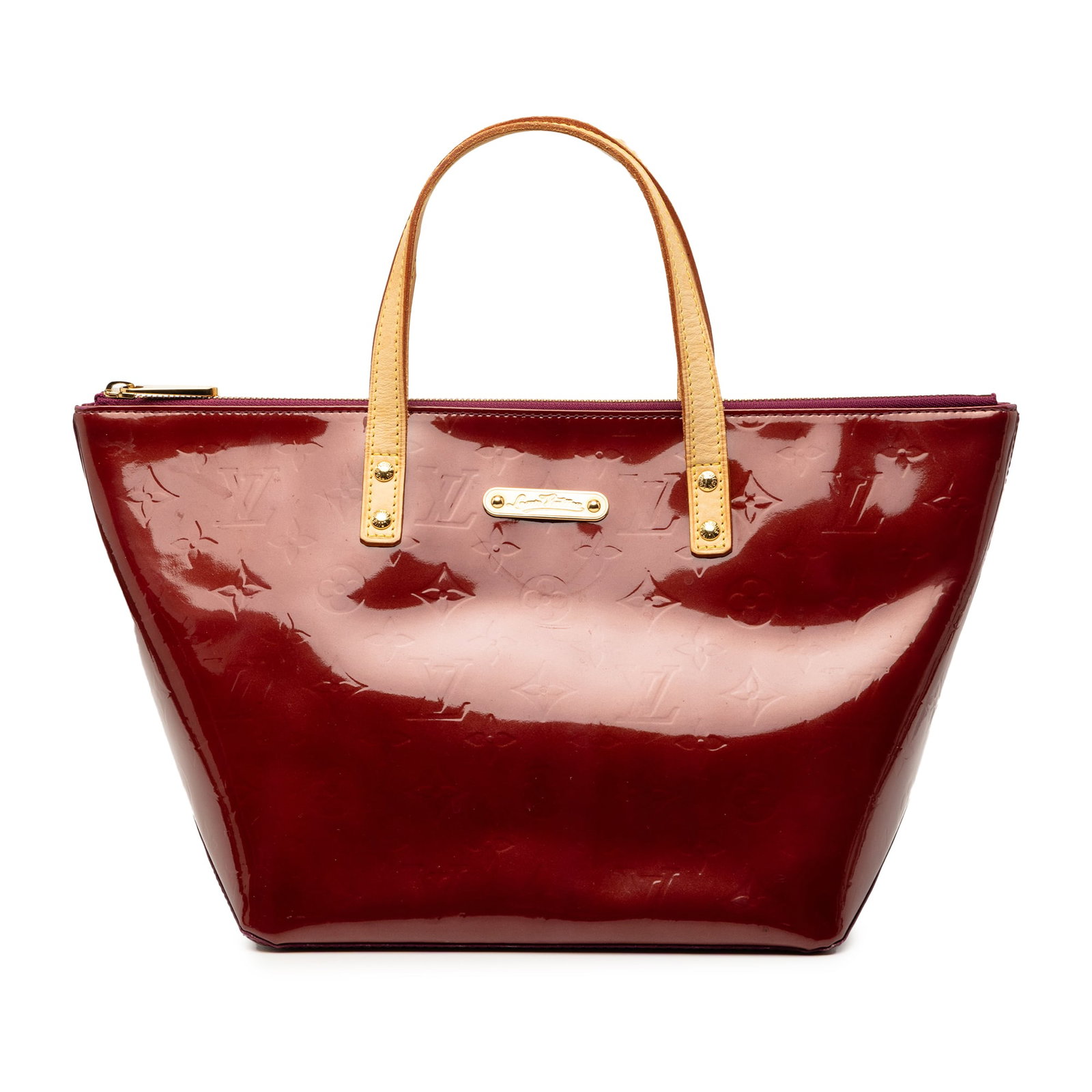 Red Vernis Leather Bellevue PM Tote by Louis Vuitton: Red Vernis Leather Bellevue PM Tote by Louis Vuitton This Louis Vuitton Monogram Vernis Bellevue PM handbag features a signature monogram vernis leather body in red, complemented by flat vachetta leat