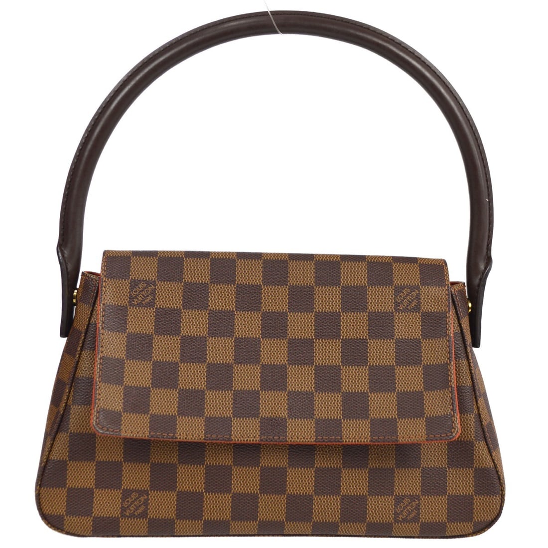 Louis Vuitton Mini Looping Damier Ebene Top Handle Handbag N51158: Louis Vuitton Mini Looping Damier Ebene Top Handle Handbag N51158 Louis Vuitton Mini Looping handbag in Damier canvas with leather trim and an Ebene and brown colorway. This medium top-handle bag feat