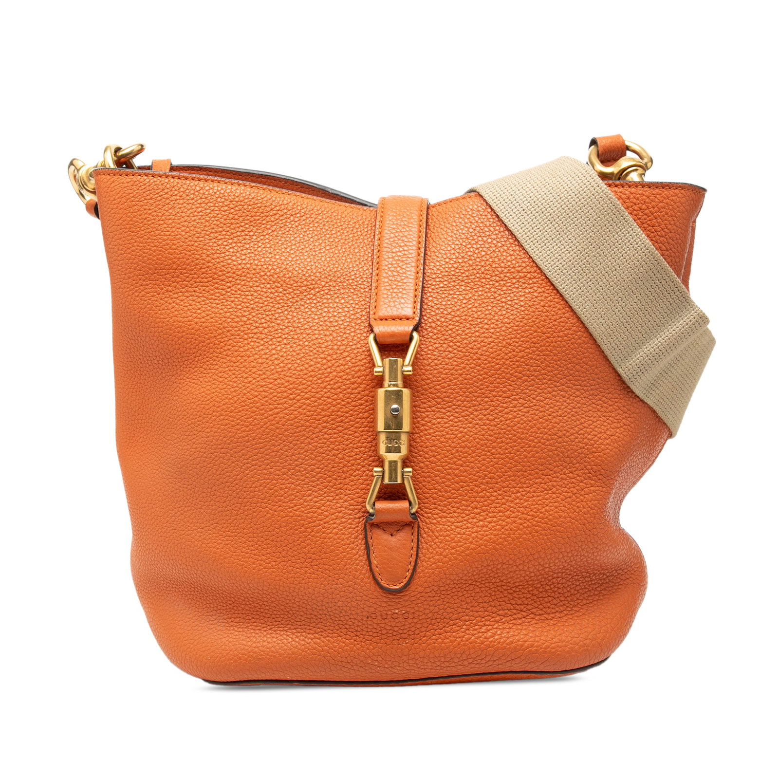 Gucci Soft Jackie Bucket Bag in Orange Grained Calfskin: Gucci Soft Jackie Bucket Bag in Orange Grained Calfskin Gucci Soft Jackie Bucket Bag in orange grained calfskin leather with a structured bucket silhouette and piston lock front closure. It features a