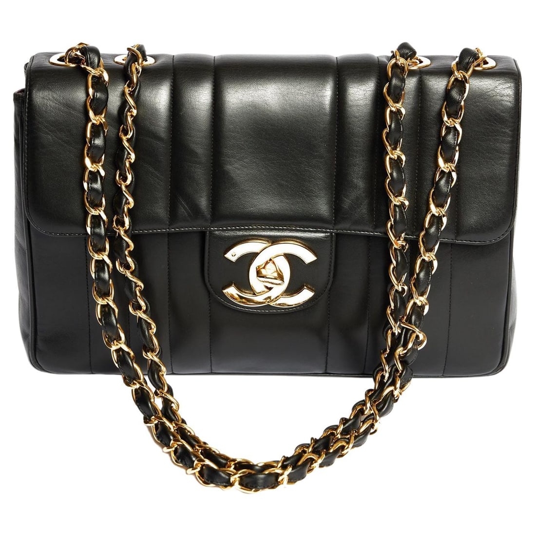 Chanel Black Lambskin Jumbo 90s Vertical Quilted Shoulder Bag with Gold CC Logo: Chanel Black Lambskin Jumbo 90s Vertical Quilted Shoulder Bag with Gold CC Logo This Chanel Jumbo Vintage Vertical Quilted bag from the 1990s features a soft black lambskin leather exterior with a pro