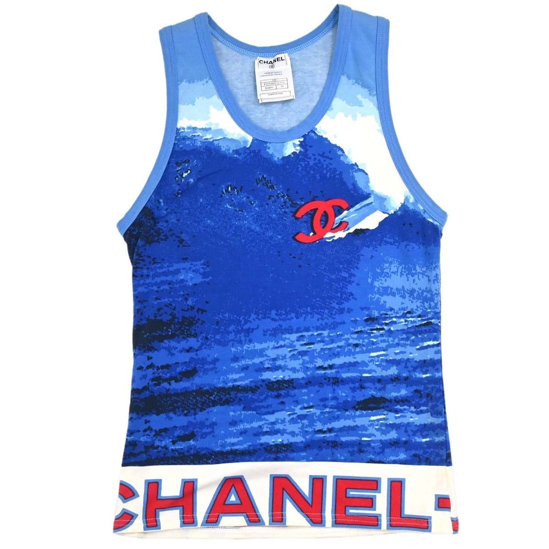 CHANEL Surf Line Blue Cotton Spandex Womens Tank Top FR 36: CHANEL Surf Line Blue Cotton Spandex Womens Tank Top FR 36 Chanel Surf Line sleeveless tank top in blue, designed for women with a regular fit and round neck. It is made from 92% cotton and 8% spandex