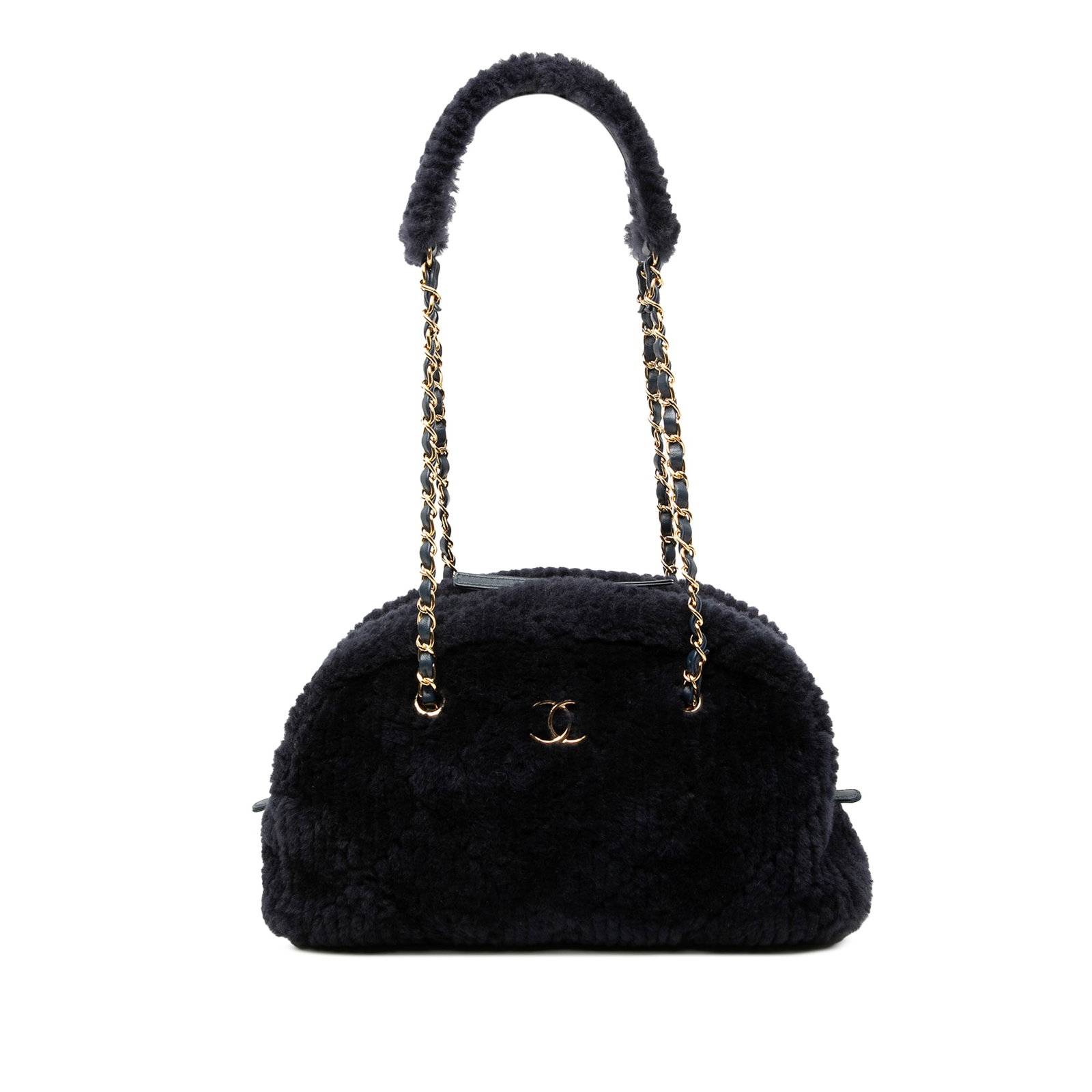 Chanel Coco Neigh Shearling Quilted Bowling Bag Blue: Chanel Coco Neigh Shearling Quilted Bowling Bag Blue This Chanel Coco Neigh Large Quilted Shearling Bowling Bag showcases a luxurious quilted shearling exterior in blue, complemented by a woven leathe