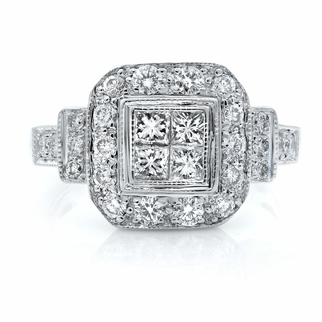 Rachel Koen 14K White Gold Halo Engagement Ring 1.00 Cttw Diamonds Size 8: Rachel Koen 14K White Gold Halo Engagement Ring 1.00 Cttw Diamonds Size 8 This exquisite Rachel Koen engagement ring showcases a stunning design crafted from 14k white gold. The ring features a total 