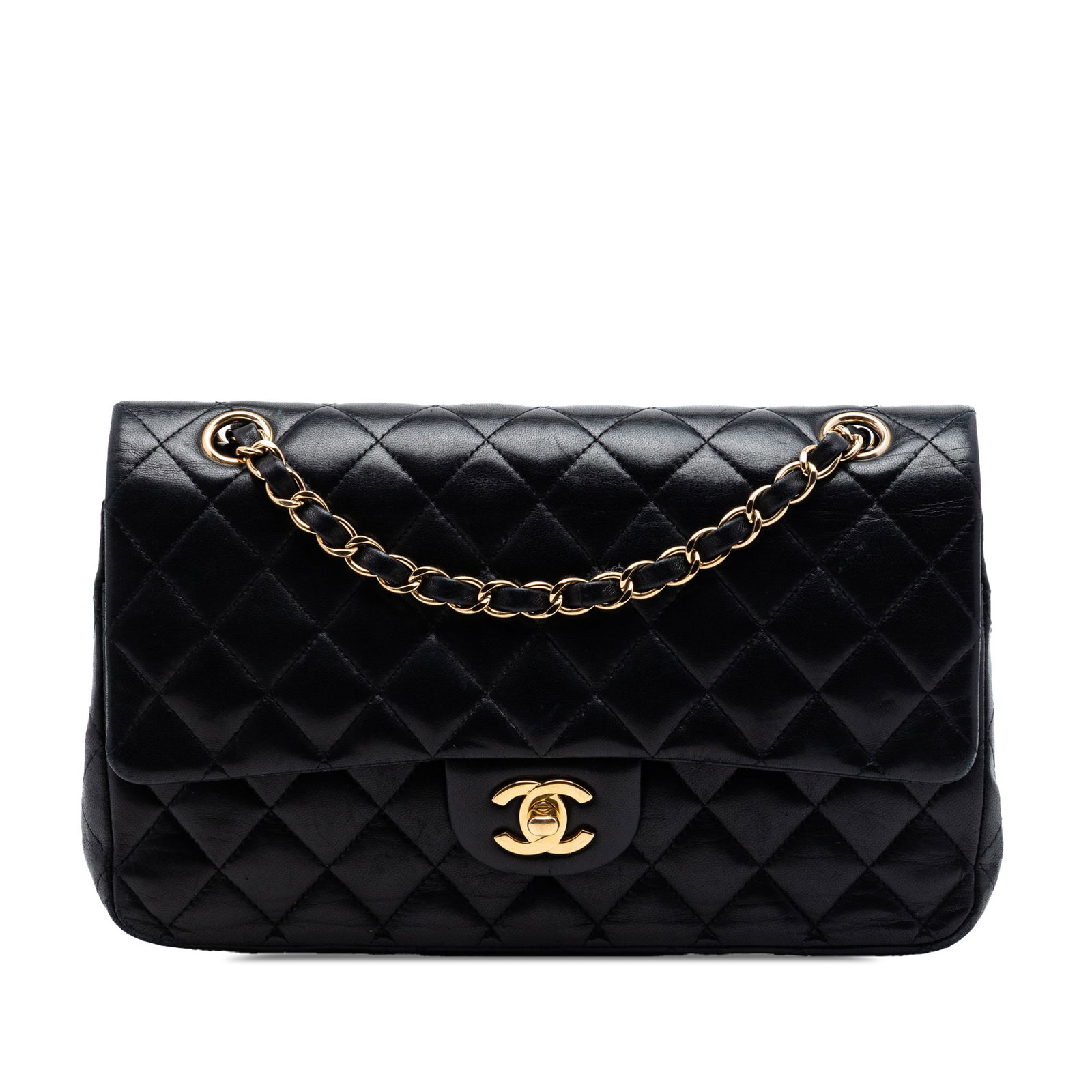 Chanel Medium Classic Double Flap Shoulder Bag Black Lambskin: Chanel Medium Classic Double Flap Shoulder Bag Black Lambskin A Chanel Medium Classic Lambskin Double Flap shoulder bag in black, made in France. It features a quilted lambskin body, leather-woven cha