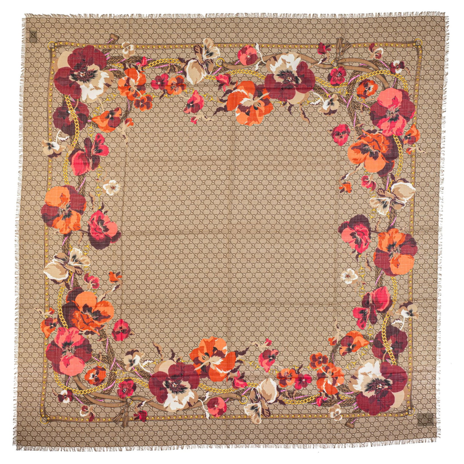 Gucci Monogram Wool Shawl with Red Floral Design 52x52: Gucci Monogram Wool Shawl with Red Floral Design 52x52 This stunning Gucci shawl features a vibrant red floral monogram design, making it a perfect accessory for any season. Crafted from high-quality 