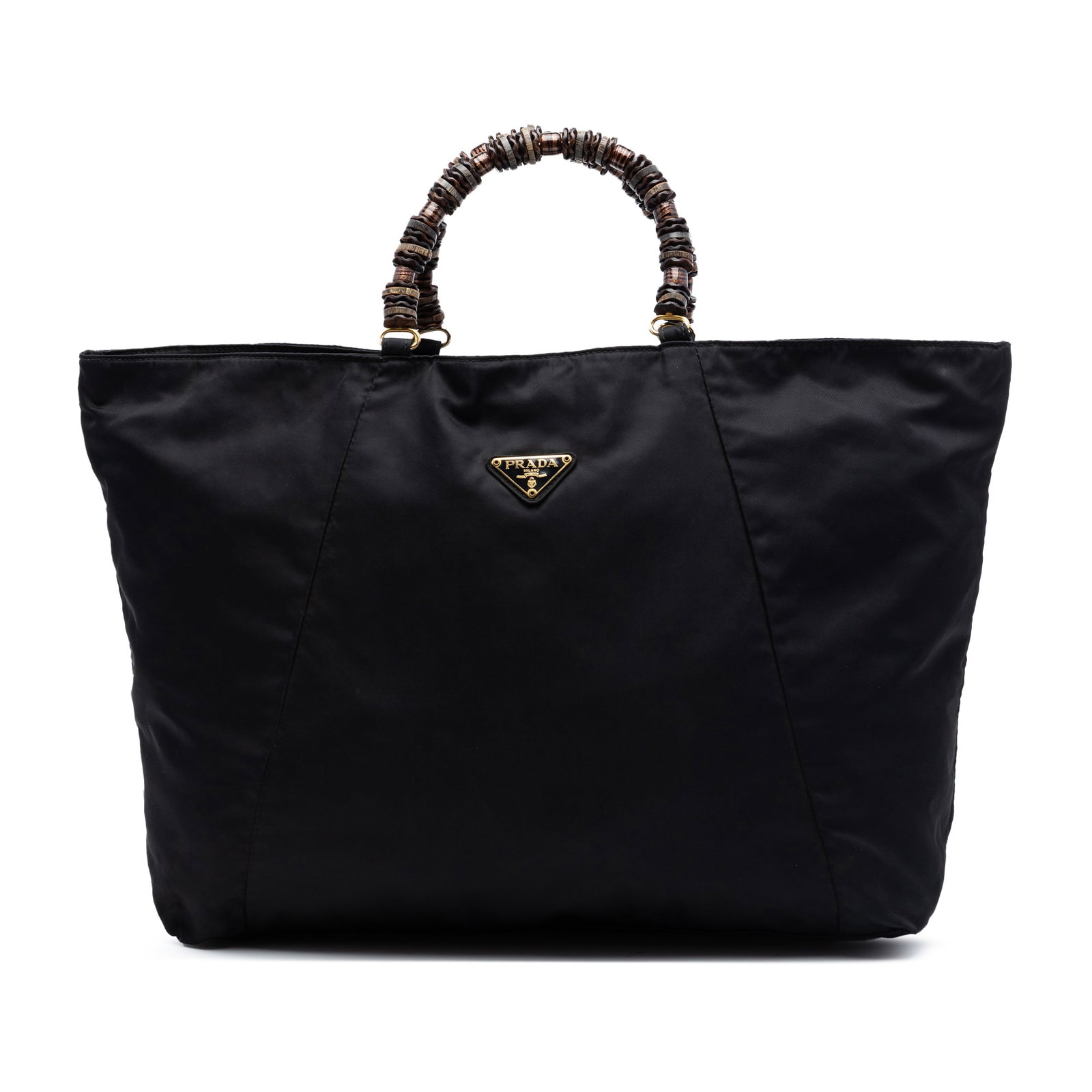 Prada Tessuto black nylon tote with beaded handles: Prada Tessuto black nylon tote with beaded handles Prada Tessuto Beaded Handle Tote in black fabric with a nylon body, beaded handles, a top zip closure, and an interior zip pocket. Made in Italy. Con