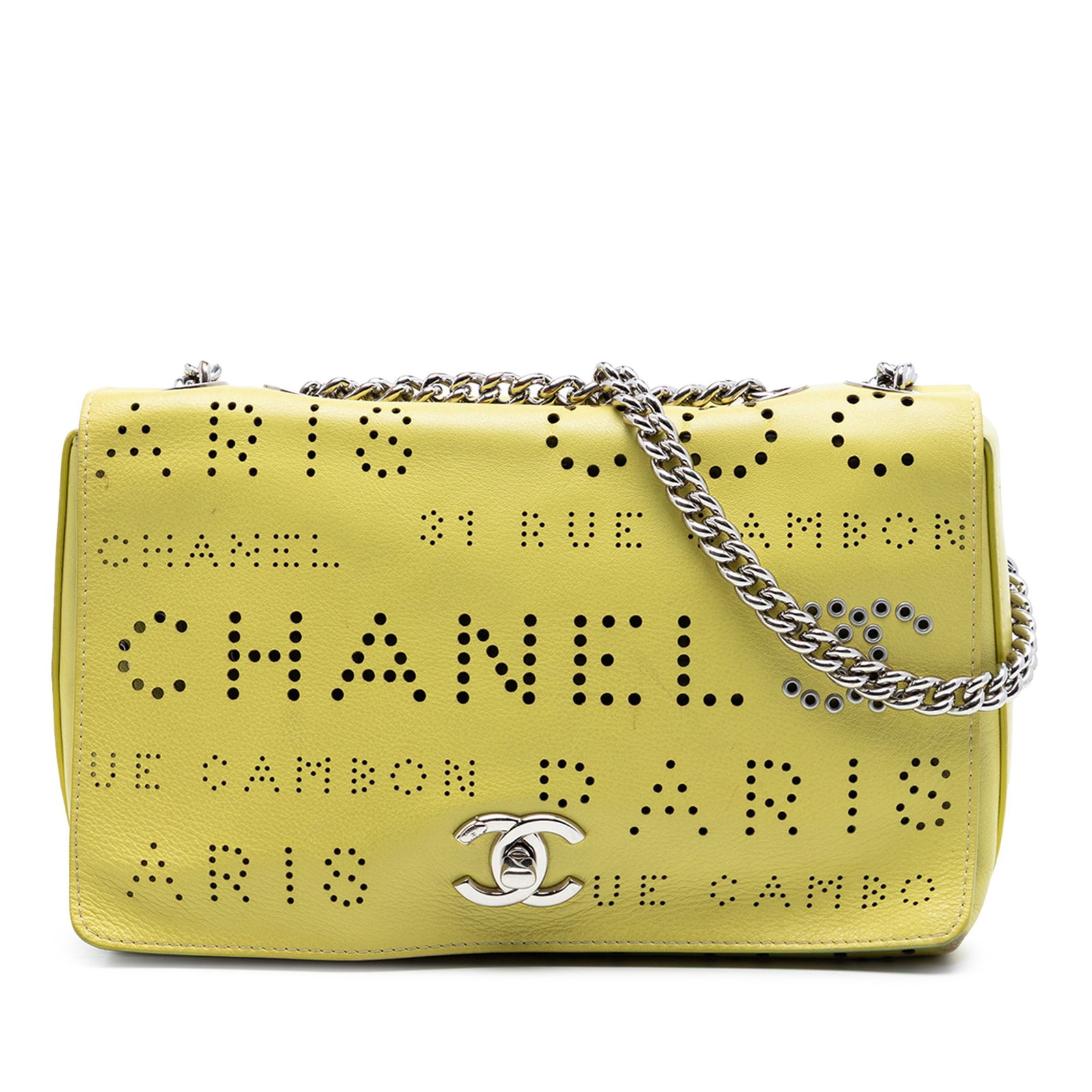 Chanel Logo Eyelet Flap Crossbody Bag Perforated Yellow Calfskin: Chanel Logo Eyelet Flap Crossbody Bag Perforated Yellow Calfskin This Chanel crossbody bag is crafted in perforated leather with leather and chain shoulder straps and a front flap secured by a CC twis