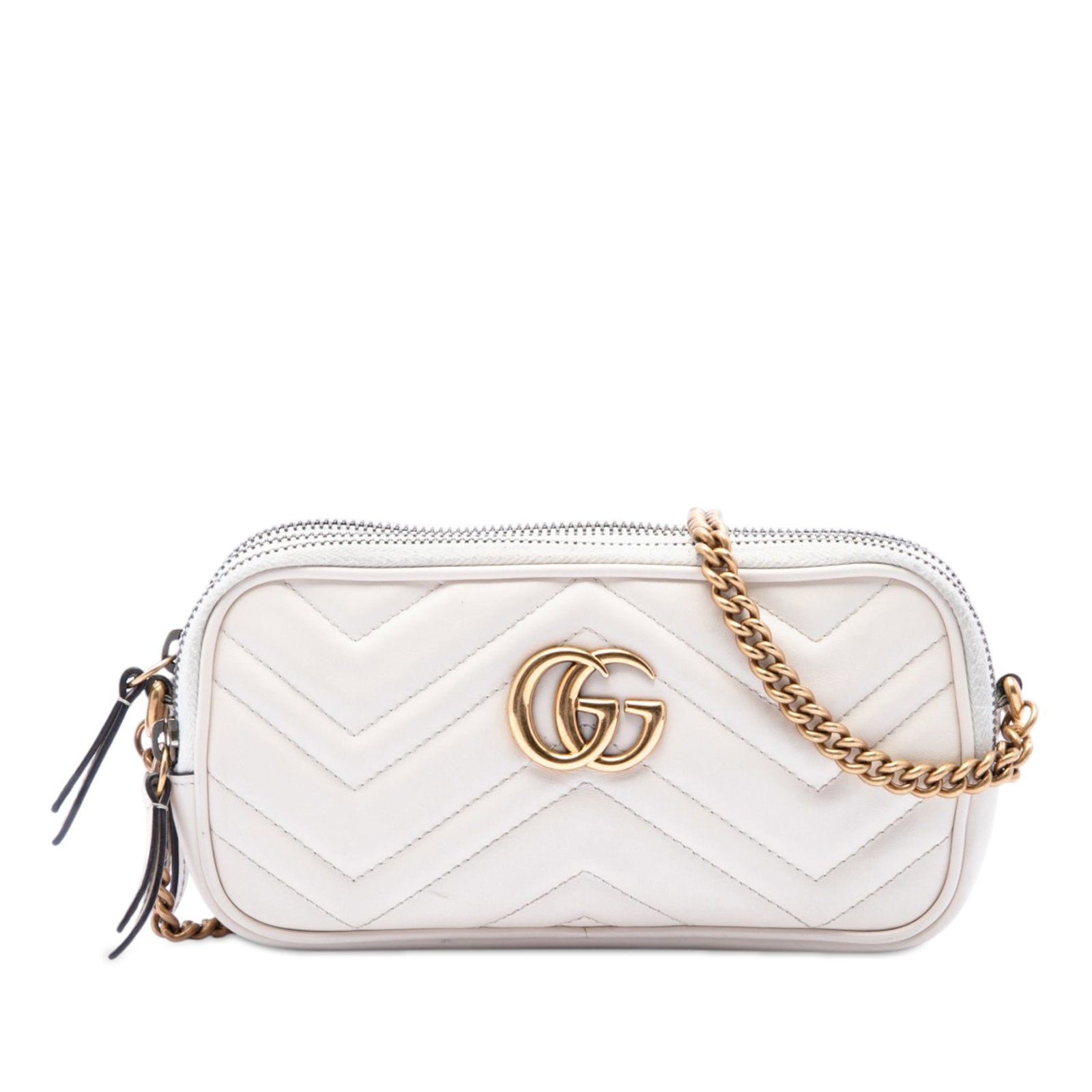 Gucci GG Marmont Mini Matelasse Leather Triple Zip Crossbody Bag: Gucci GG Marmont Mini Matelasse Leather Triple Zip Crossbody Bag Gucci Mini GG Marmont Matelasse Calfskin Triple Zip Crossbody in white quilted leather. This crossbody bag features a curb chain link s