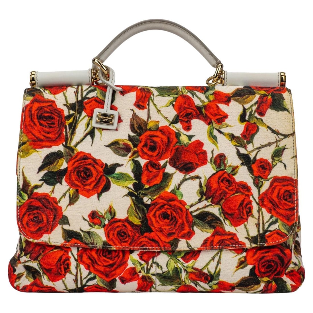 Dolce & Gabbana Large Sicily Bag Red Rose Design: Dolce & Gabbana Large Sicily Bag Red Rose Design Elevate your style with the Dolce & Gabbana Large Sicily Bag, showcasing a striking red rose design against a pristine white background. This exquisite