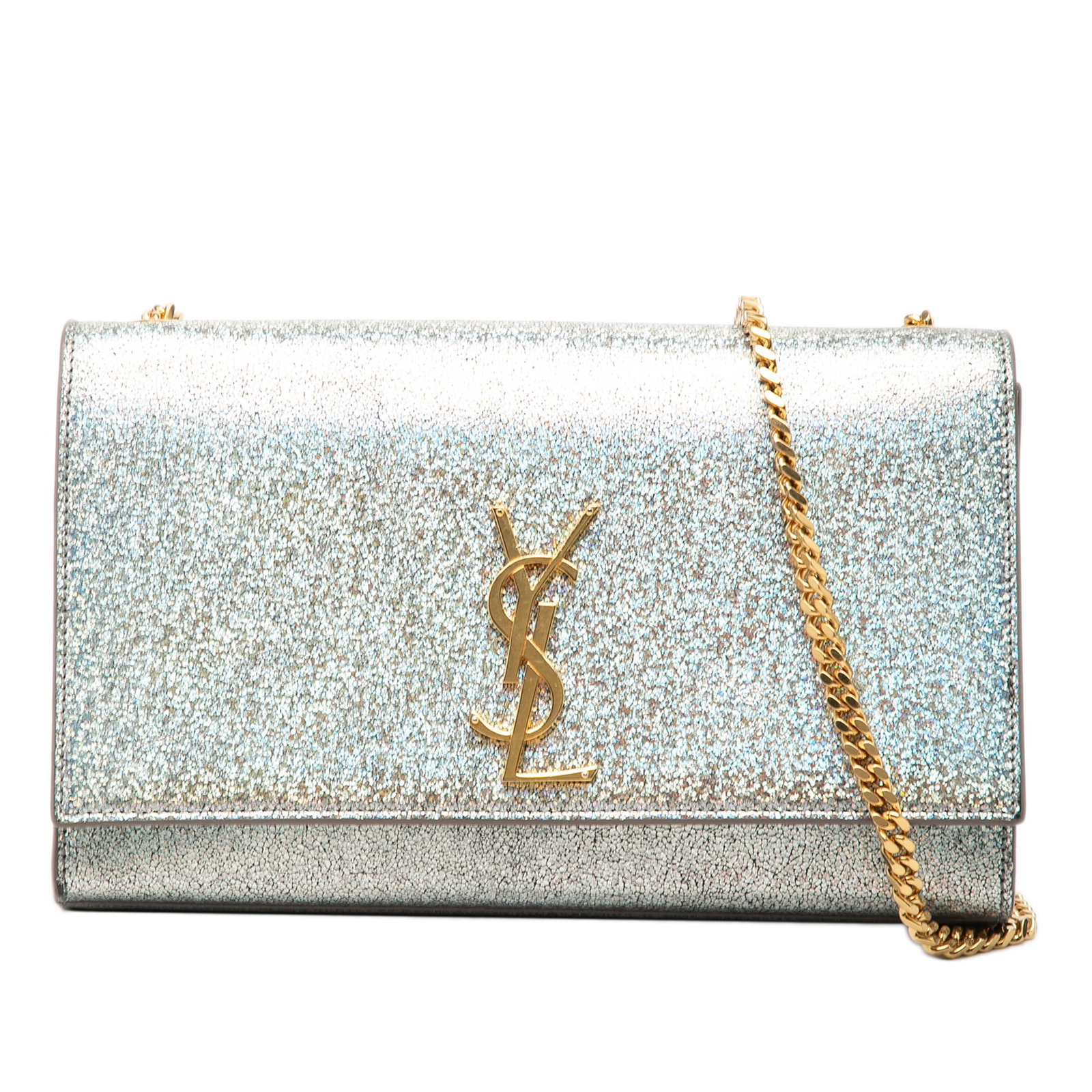 Saint Laurent Kate Medium Metallic Calfskin Crossbody Bag Silver: Saint Laurent Kate Medium Metallic Calfskin Crossbody Bag Silver This Saint Laurent Kate crossbody bag is crafted in metallic calfskin leather with a chain link shoulder strap, a front flap with a met