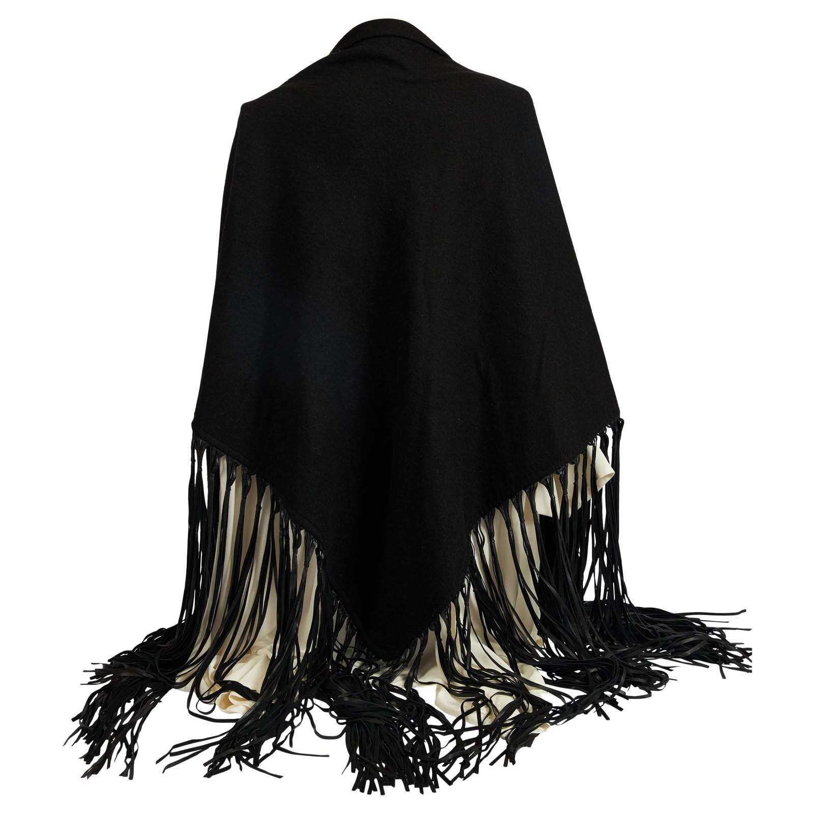 Hermes 1990s Black Cashmere Wool Shawl with Leather Fringe: Hermes 1990s Black Cashmere Wool Shawl with Leather Fringe This exquisite vintage shawl by Hermes features a luxurious blend of cashmere and wool, showcasing a striking black color accented with extra