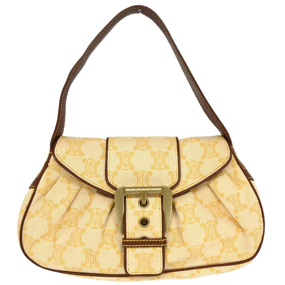 CELINE Macadam Canvas Leather Shoulder Bag in Yellow: CELINE Macadam Canvas Leather Shoulder Bag in Yellow Celine Macadam shoulder bag in yellow and brown canvas with leather trim. This medium shoulder bag features the signature Macadam pattern, logo acc